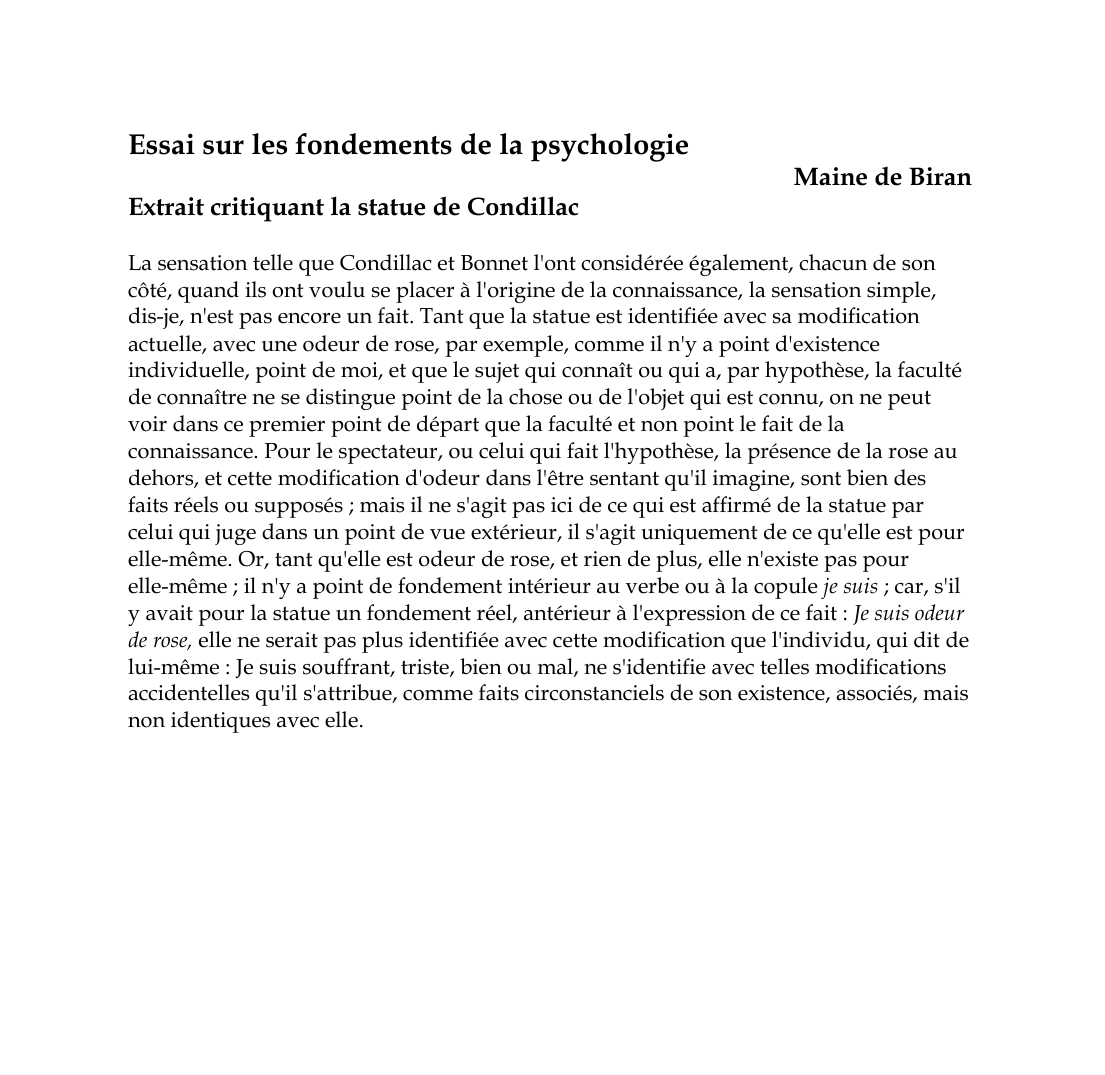 Prévisualisation du document Essai sur les fondements de la psychologieMaine de BiranExtrait critiquant