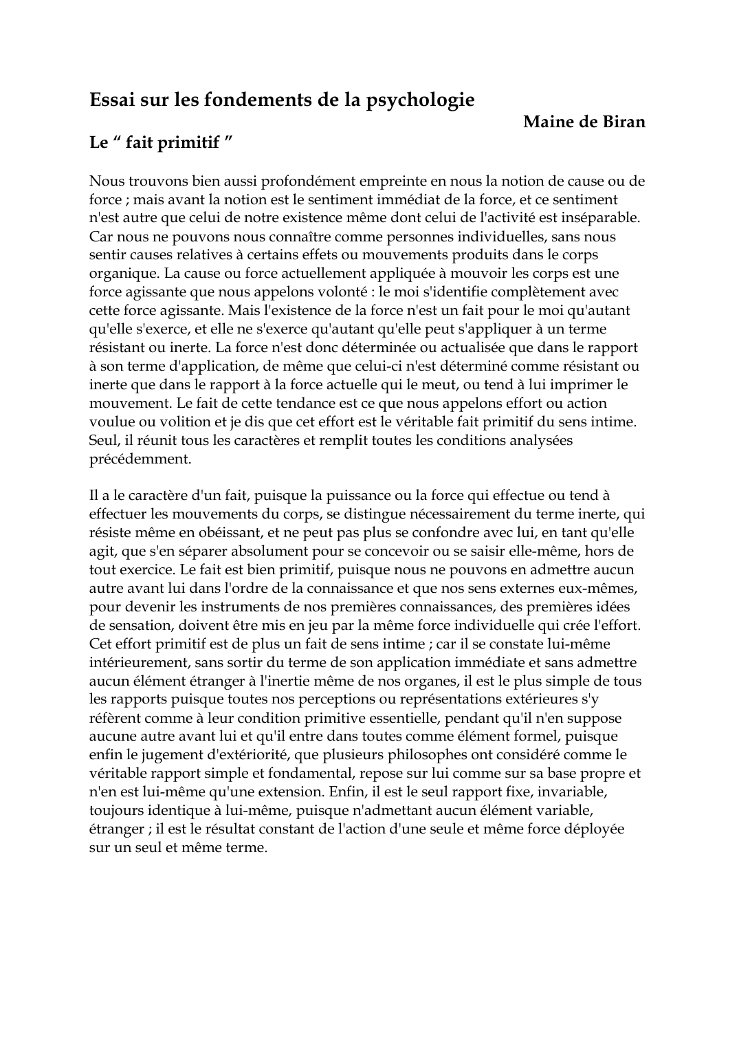 Prévisualisation du document Essai sur les fondements de la psychologieMaine de BiranLe "