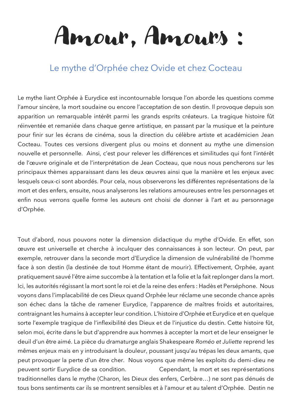 Prévisualisation du document essai sur Orphée et Eurydice liant le mythe d'Ovide et le film de Jean Cocteau