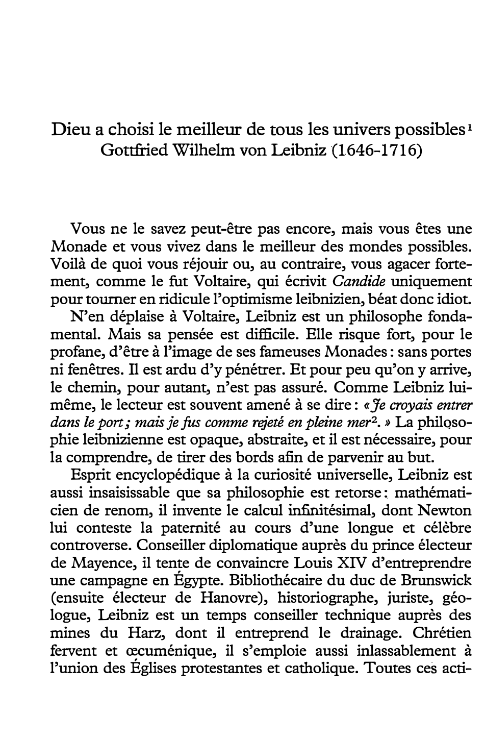 Prévisualisation du document Essais de théodicée - Gottfried Wilhelm Leibniz : Le meilleur des mondes possibles (§ 7 et 8)