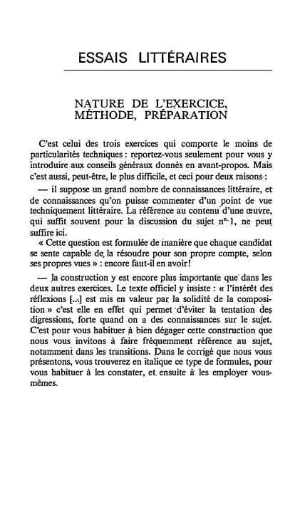 Prévisualisation du document ESSAIS LITTÉRAIRES: NATURE DE L'EXERCICE, METHODE, PREPARATION