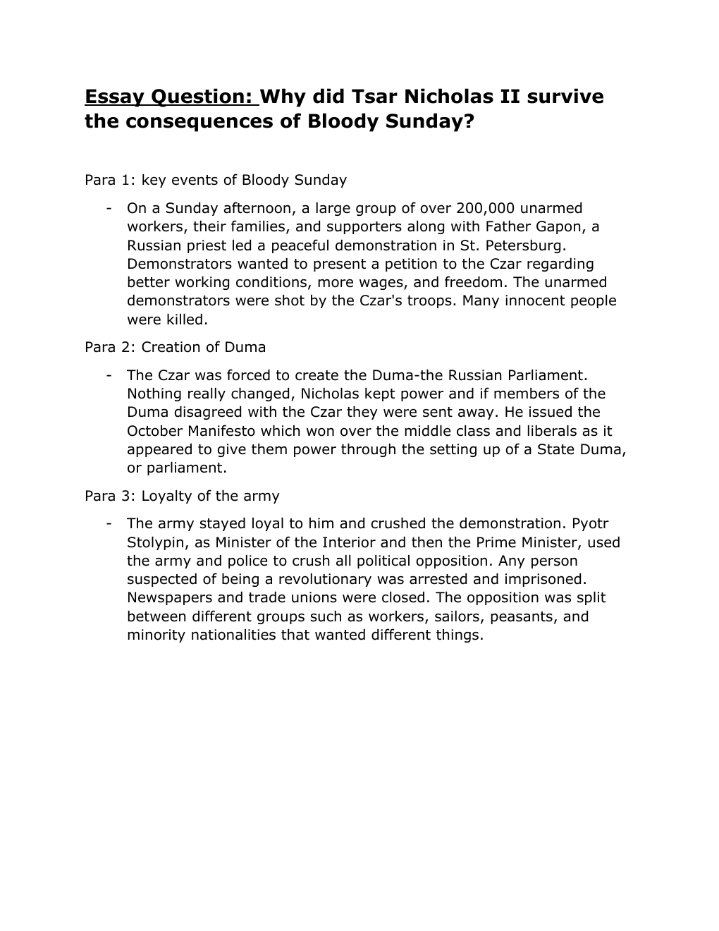 Prévisualisation du document Essay Question: Why did Tsar Nicholas II survive the consequences of Bloody Sunday?