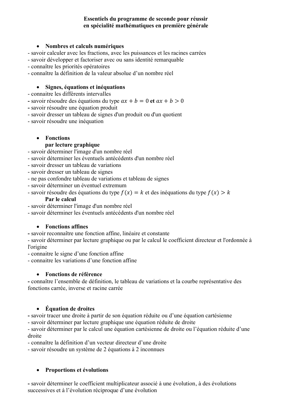 Prévisualisation du document Essentiels du programme de seconde pour réussir en spécialité mathématiques en première générale