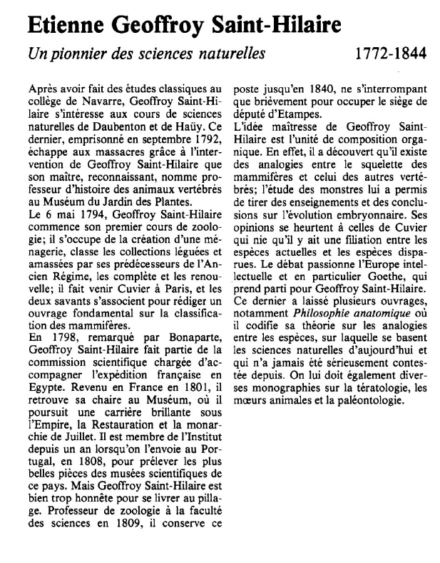 Prévisualisation du document Etienne Geoffroy Saint-Hilaire:Un pionnier des sciences naturelles.