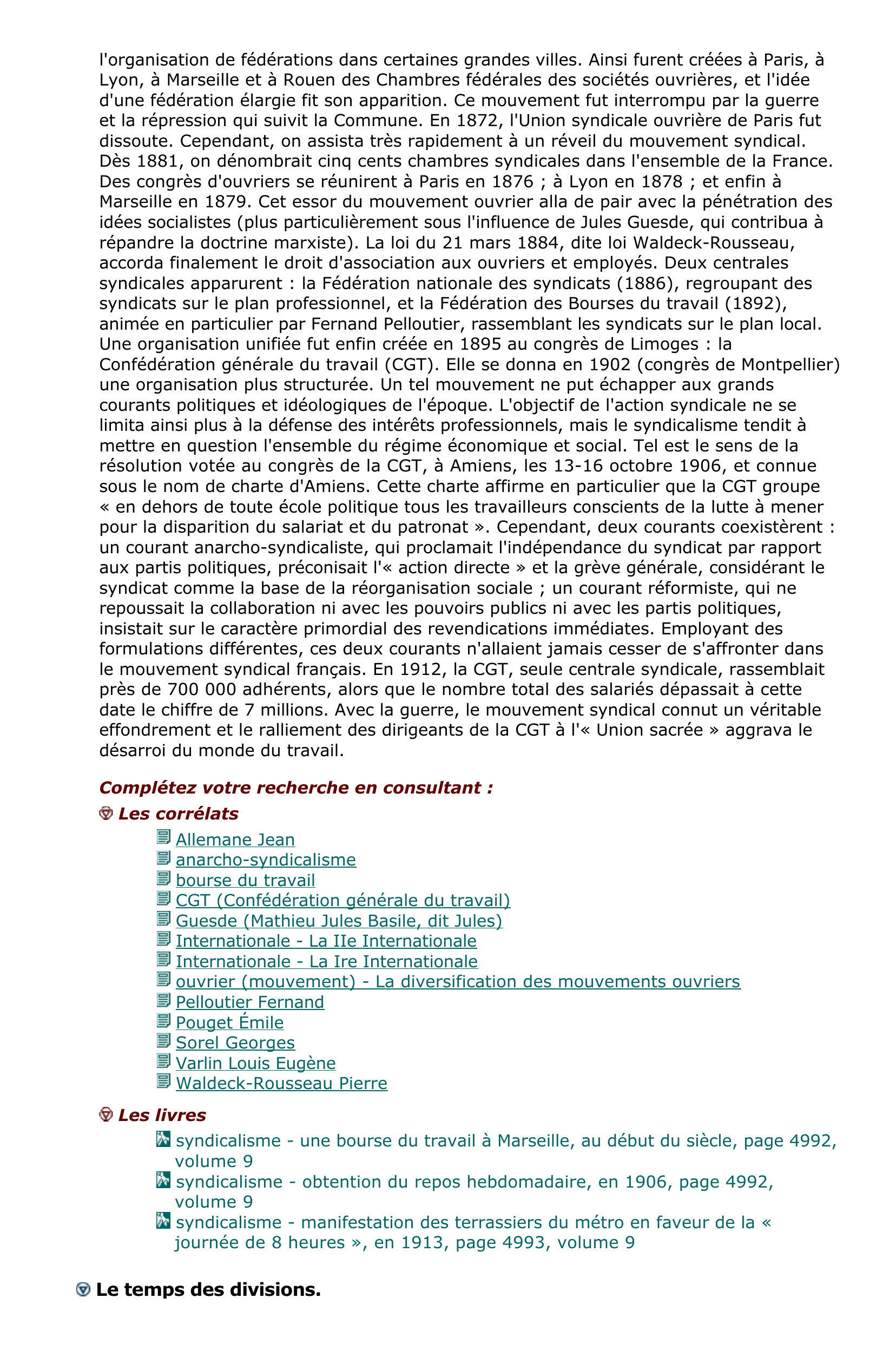 Prévisualisation du document Étroitement lié à l'histoire du socialisme, le syndicalisme a été traversé par les mêmes
courants idéologiques et a connu, selon l'état de l'économie et la situation politique, des
phases d'expansion et des moments de crise.