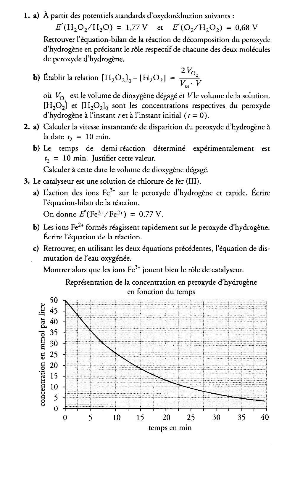 Prévisualisation du document Étude cinétique de la dismutation du peroxyde d'hydrogène Polynésie, septembre 1996 (5 points)