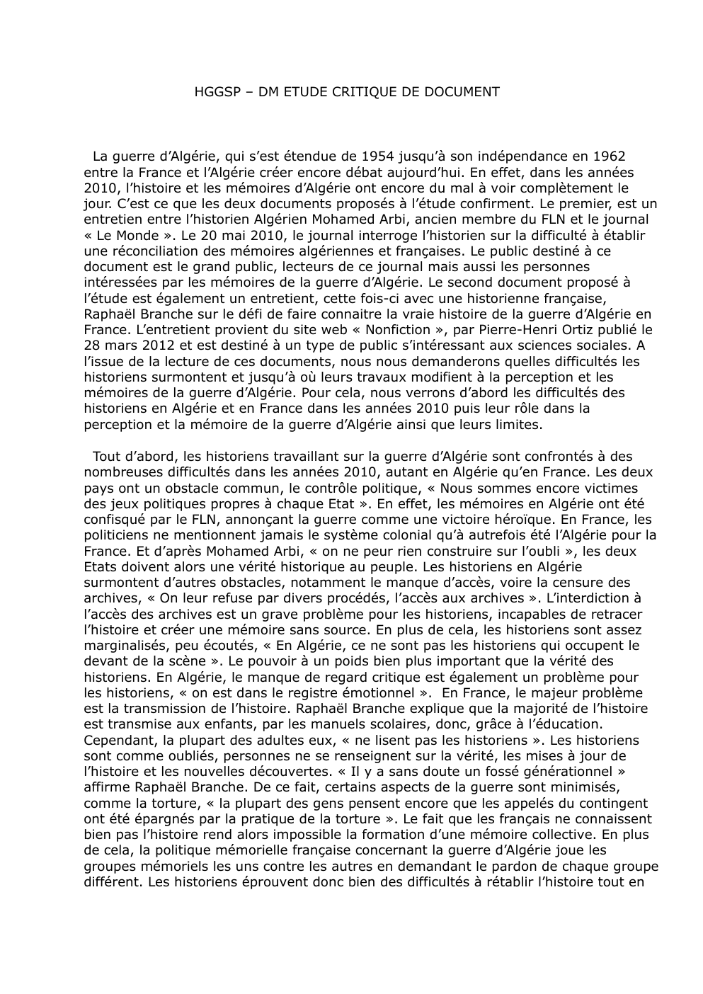 Prévisualisation du document étude critique de document - HGGSP - histoire et mémoire - la guerre d'Algérie