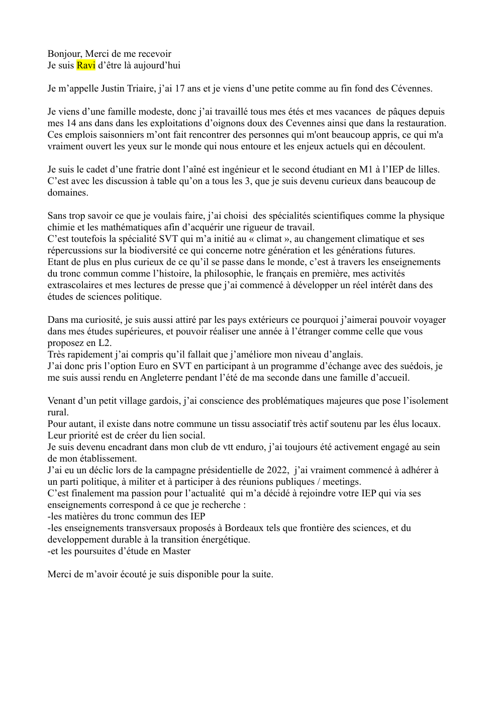 Prévisualisation du document Etude de la motivation personelle sociologique d'un candidat à Sciences Po