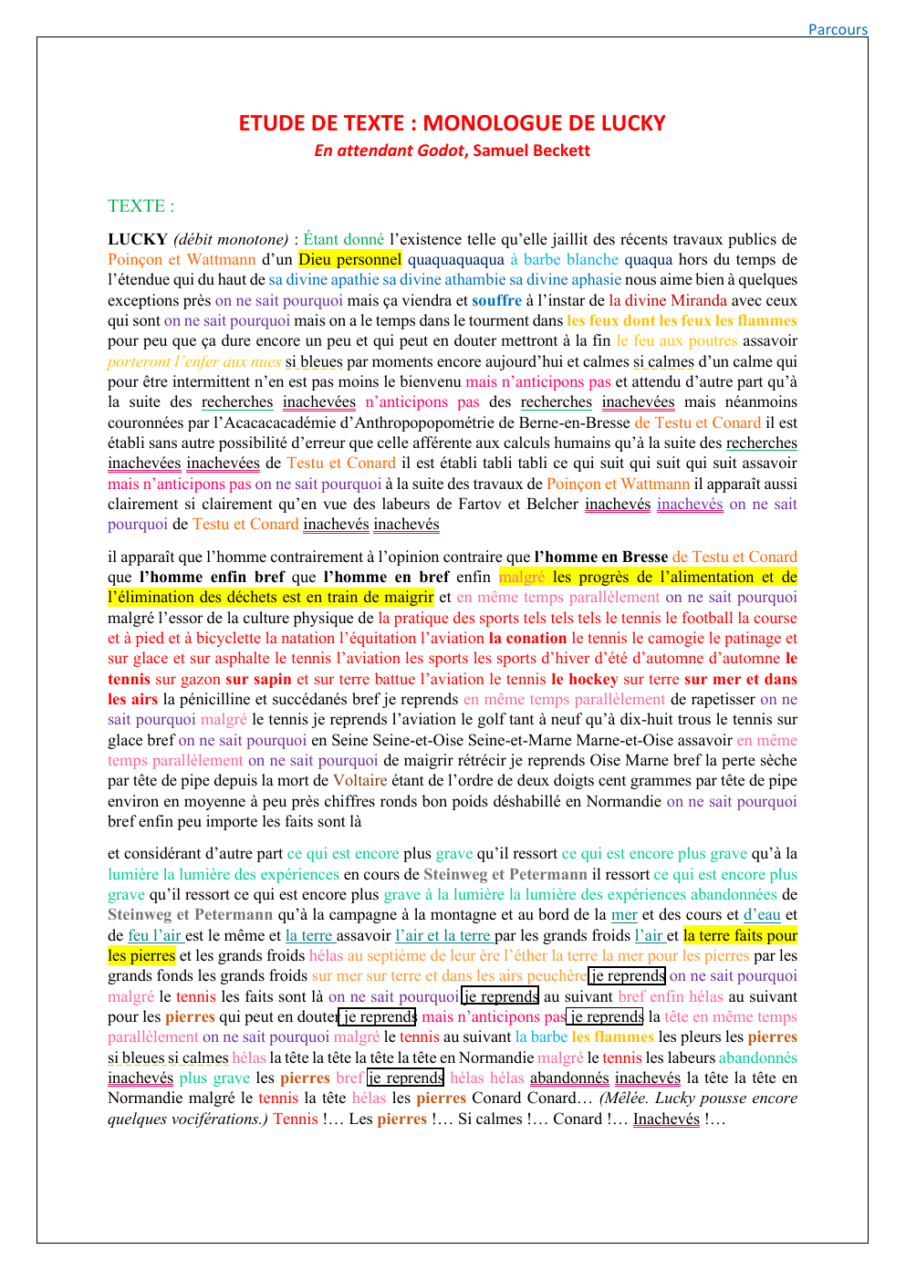 Prévisualisation du document ETUDE DE TEXTE : MONOLOGUE DE LUCKY En attendant Godot, Samuel Beckett
