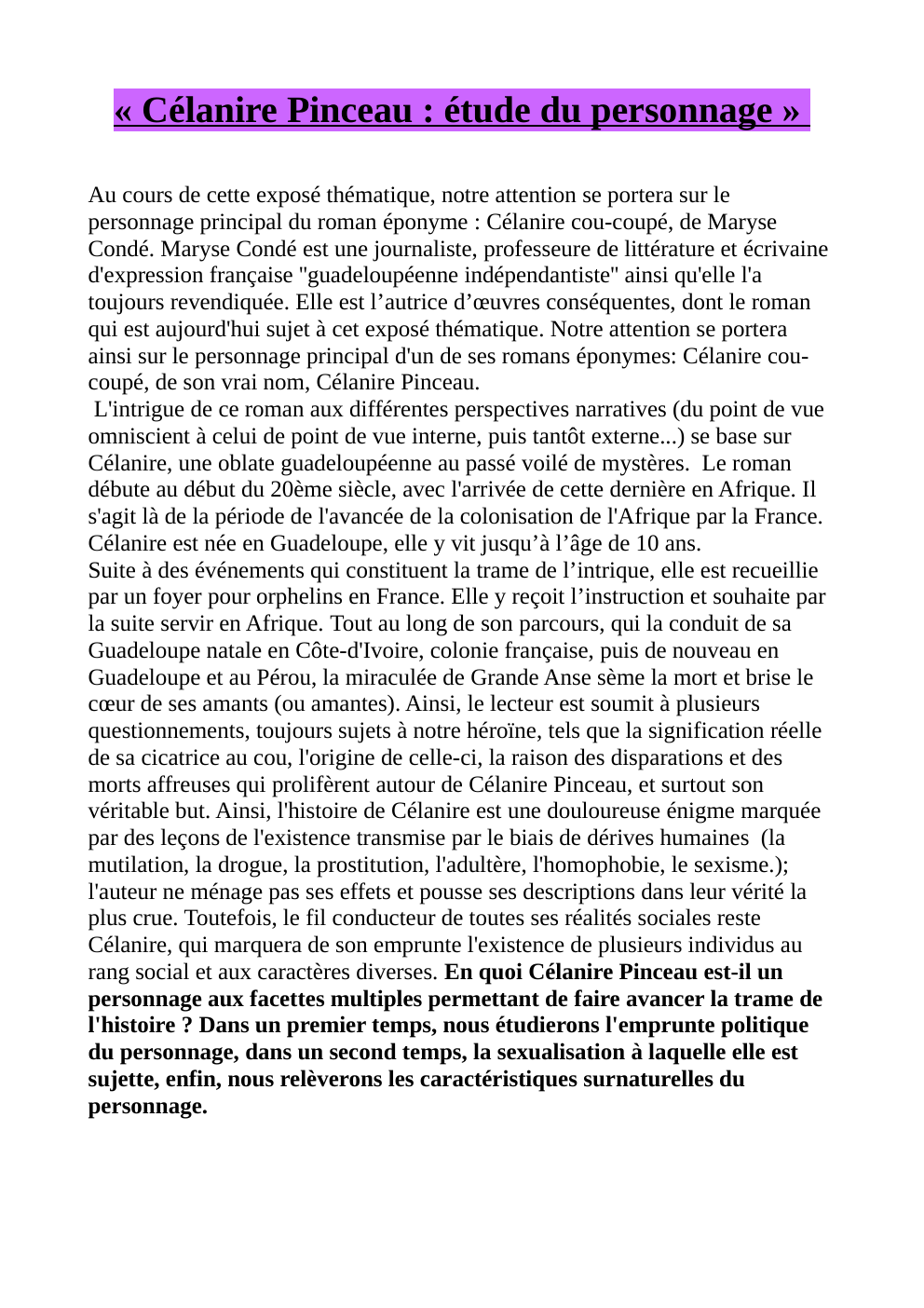 Prévisualisation du document Etude du personnage Celanire cou-coupé de Maryse Condé