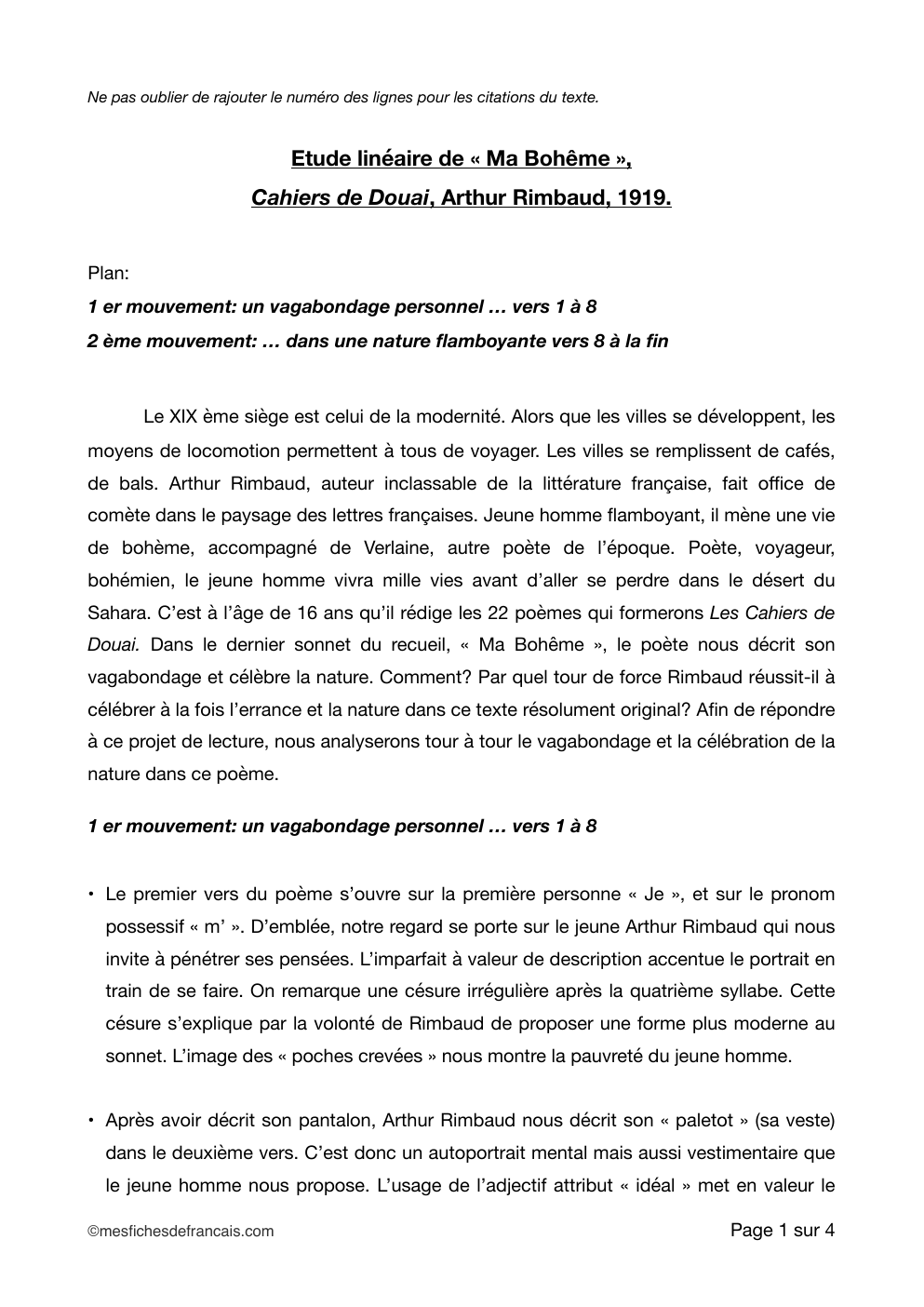 Prévisualisation du document Etude linéaire de « Ma Bohême », Cahiers de Douai, Arthur Rimbaud, 1919.