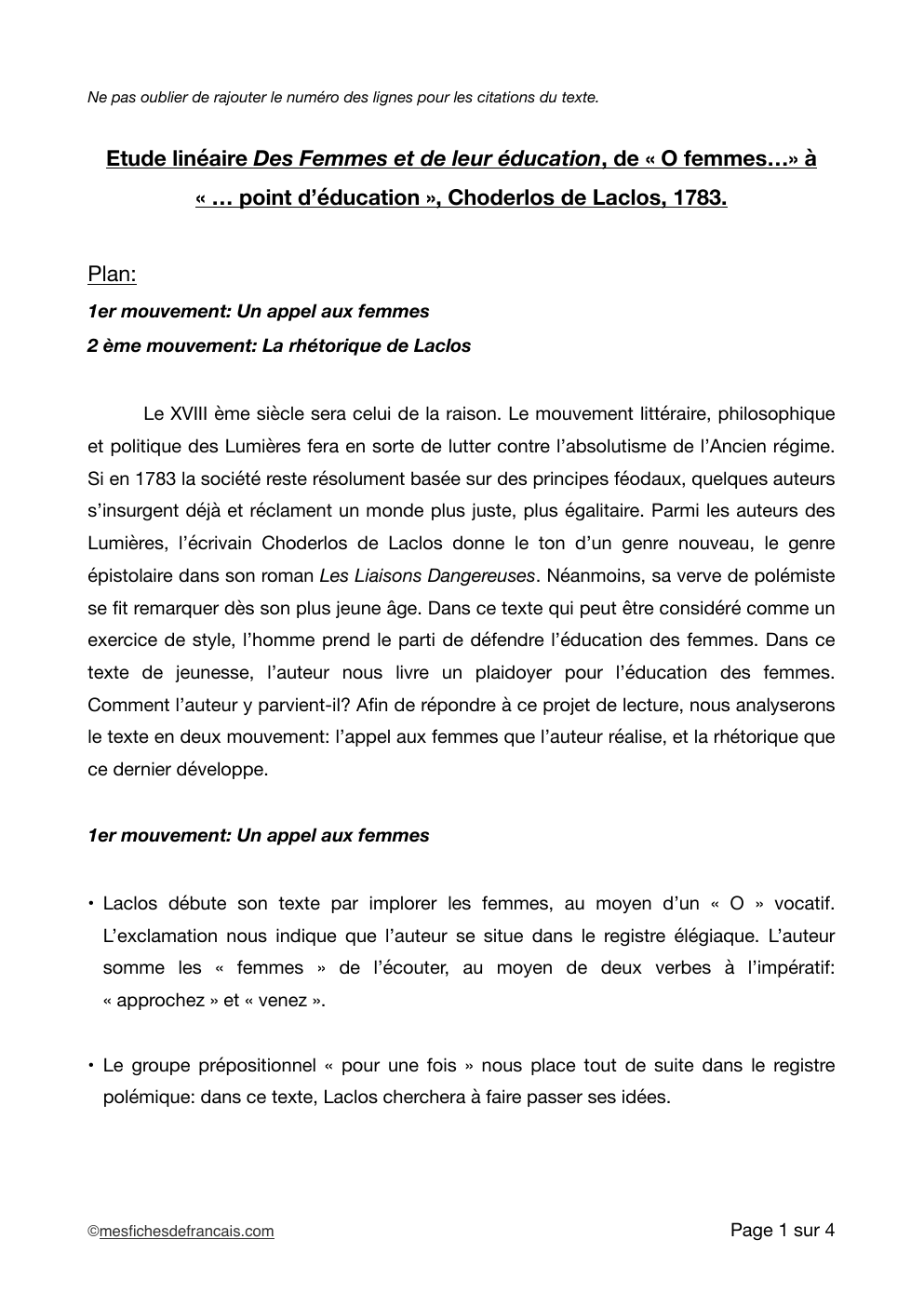 Prévisualisation du document Etude linéaire Des Femmes et de leur éducation, de « O femmes…» à « … point d’éducation », Choderlos de Laclos, 1783.