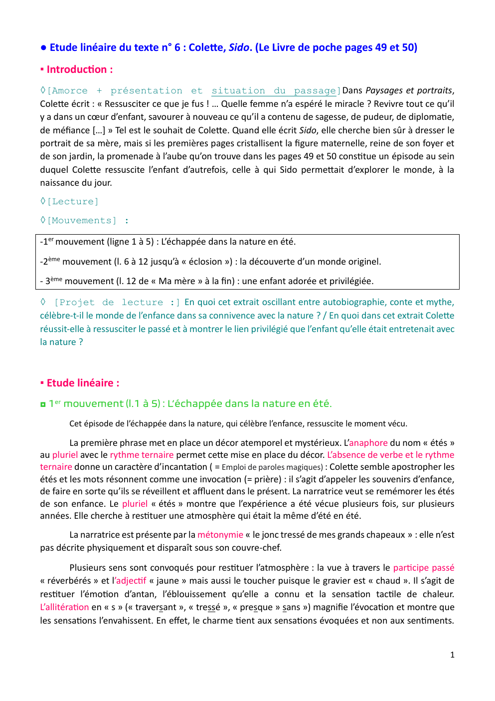 Prévisualisation du document Etude linéaire du texte n° 6 : Colette, Sido. (Le Livre de poche pages 49 et 50)