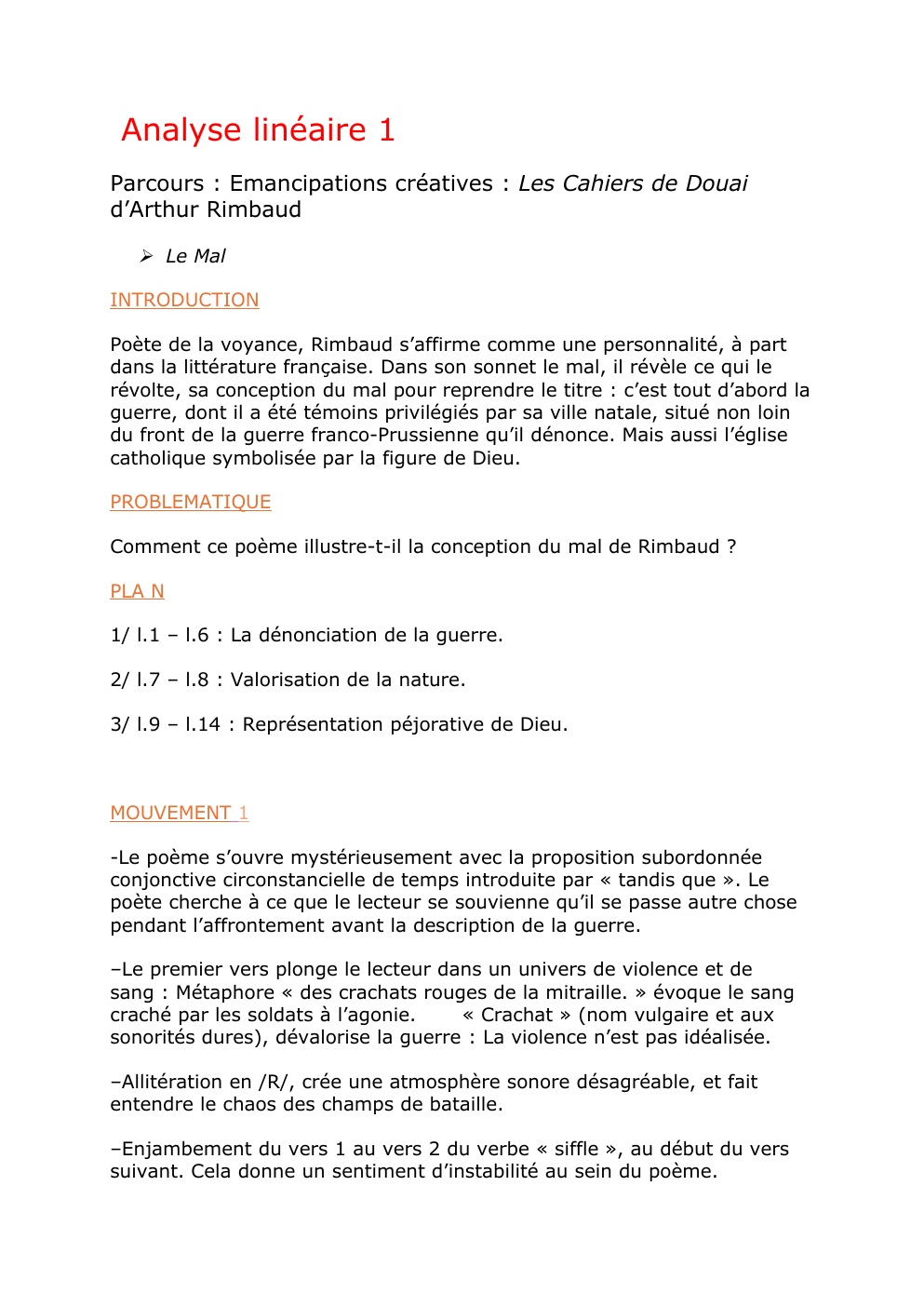 Prévisualisation du document Etude linéaire "Le Mal" de Rimbaud
