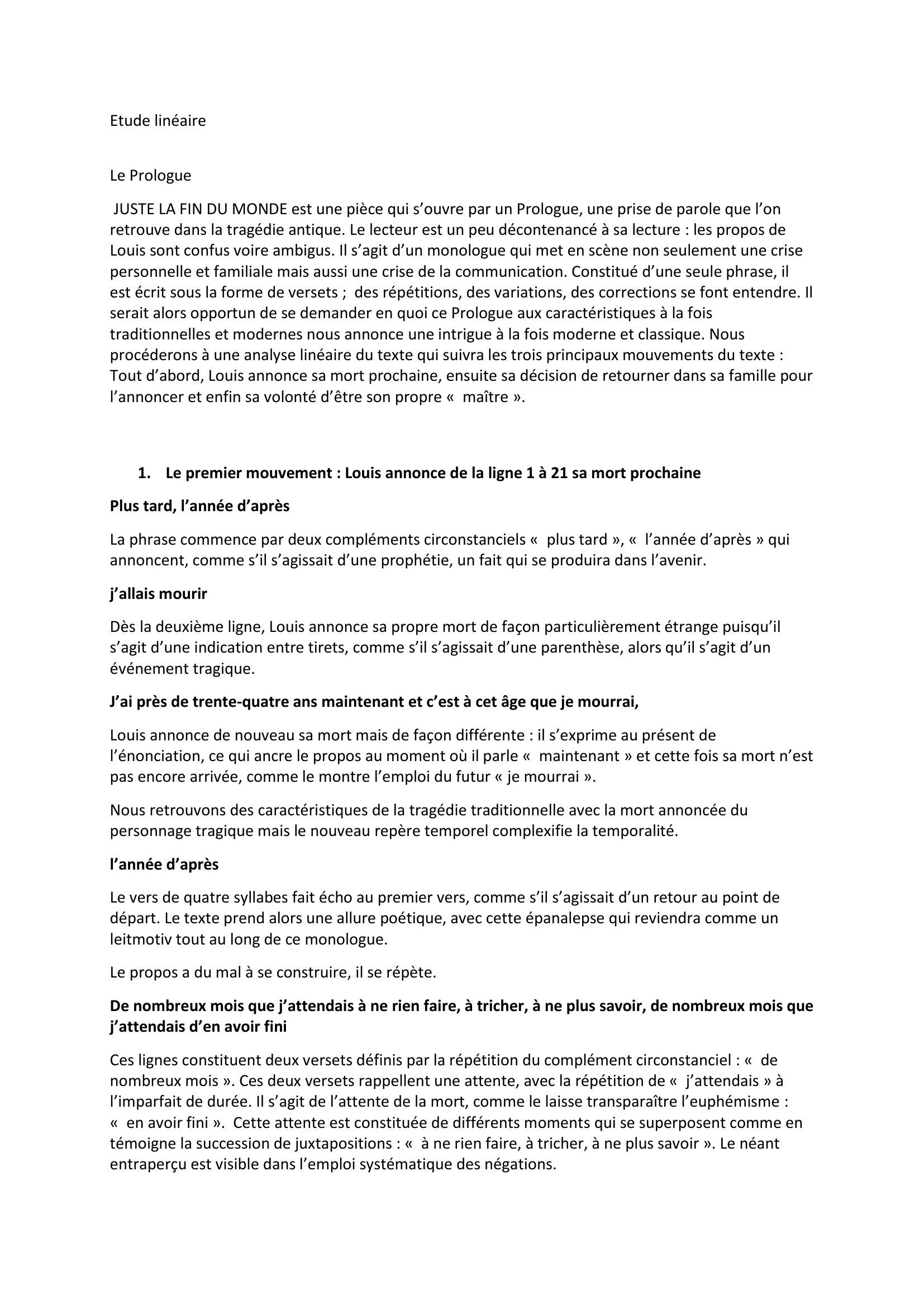 Prévisualisation du document Etude linéaire  Le Prologue  JUSTE LA FIN DU MONDE