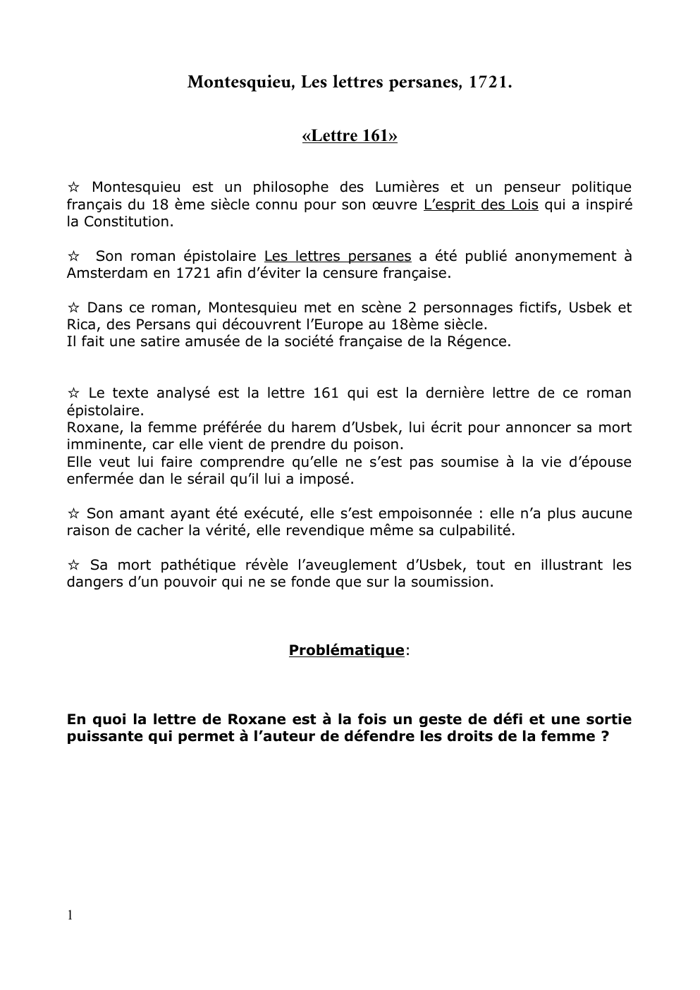 Prévisualisation du document Etude linéaire Les lettres persanes lettre 161