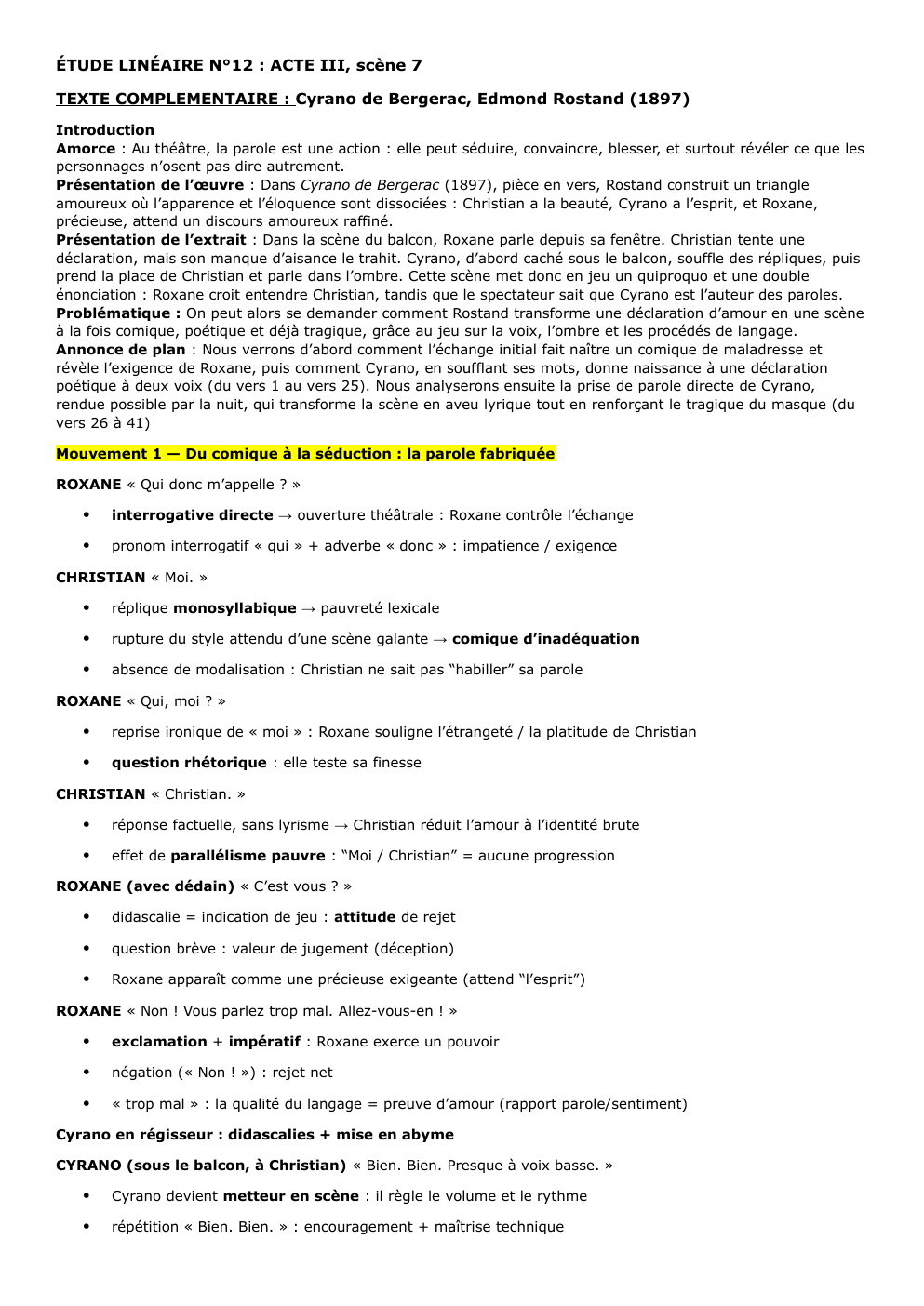 Prévisualisation du document ÉTUDE LINÉAIRE N°12 : ACTE III, scène 7 TEXTE COMPLEMENTAIRE : Cyrano de Bergerac, Edmond Rostand (1897)