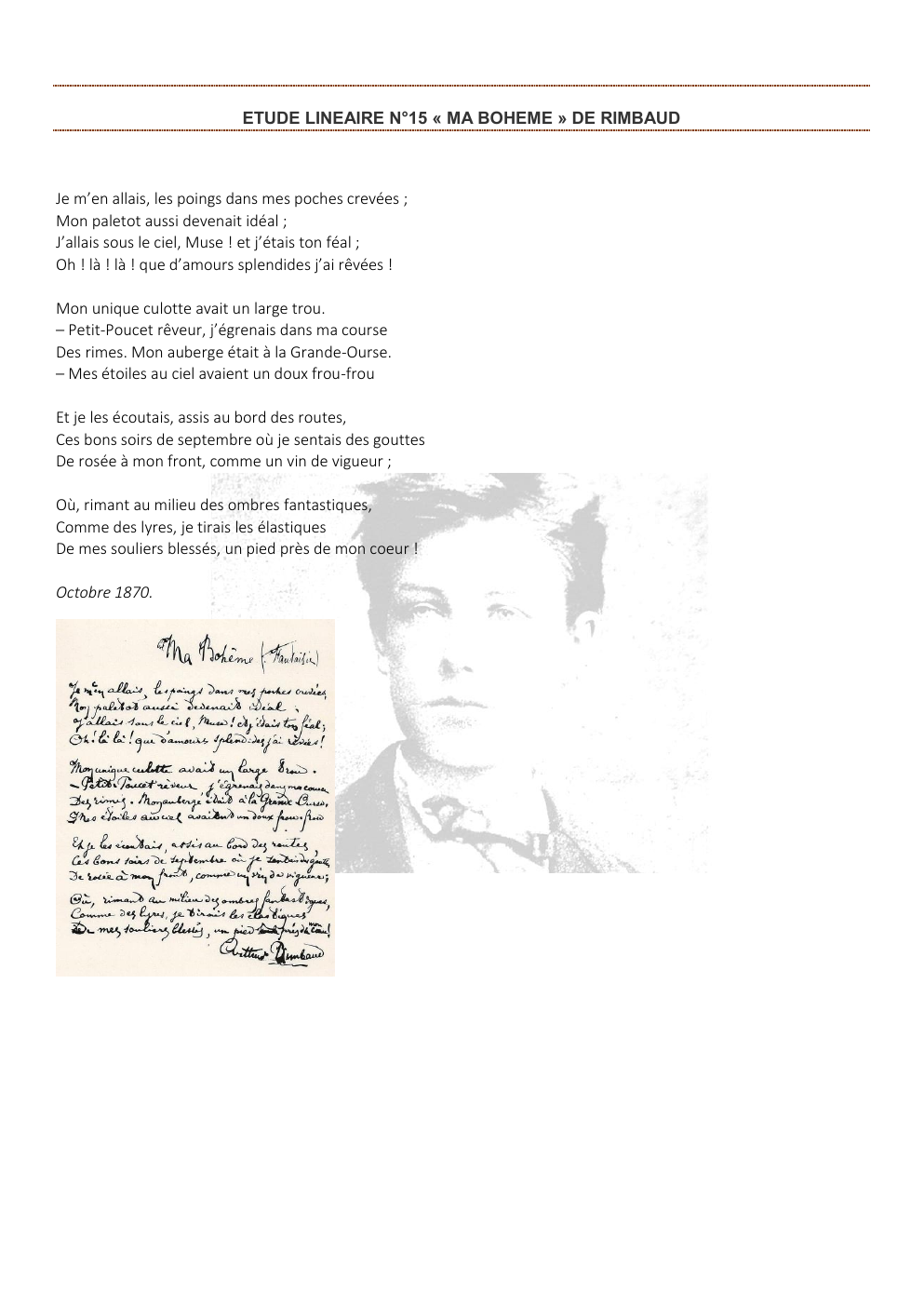 Prévisualisation du document ETUDE LINEAIRE N°15 « MA BOHEME » DE RIMBAUD