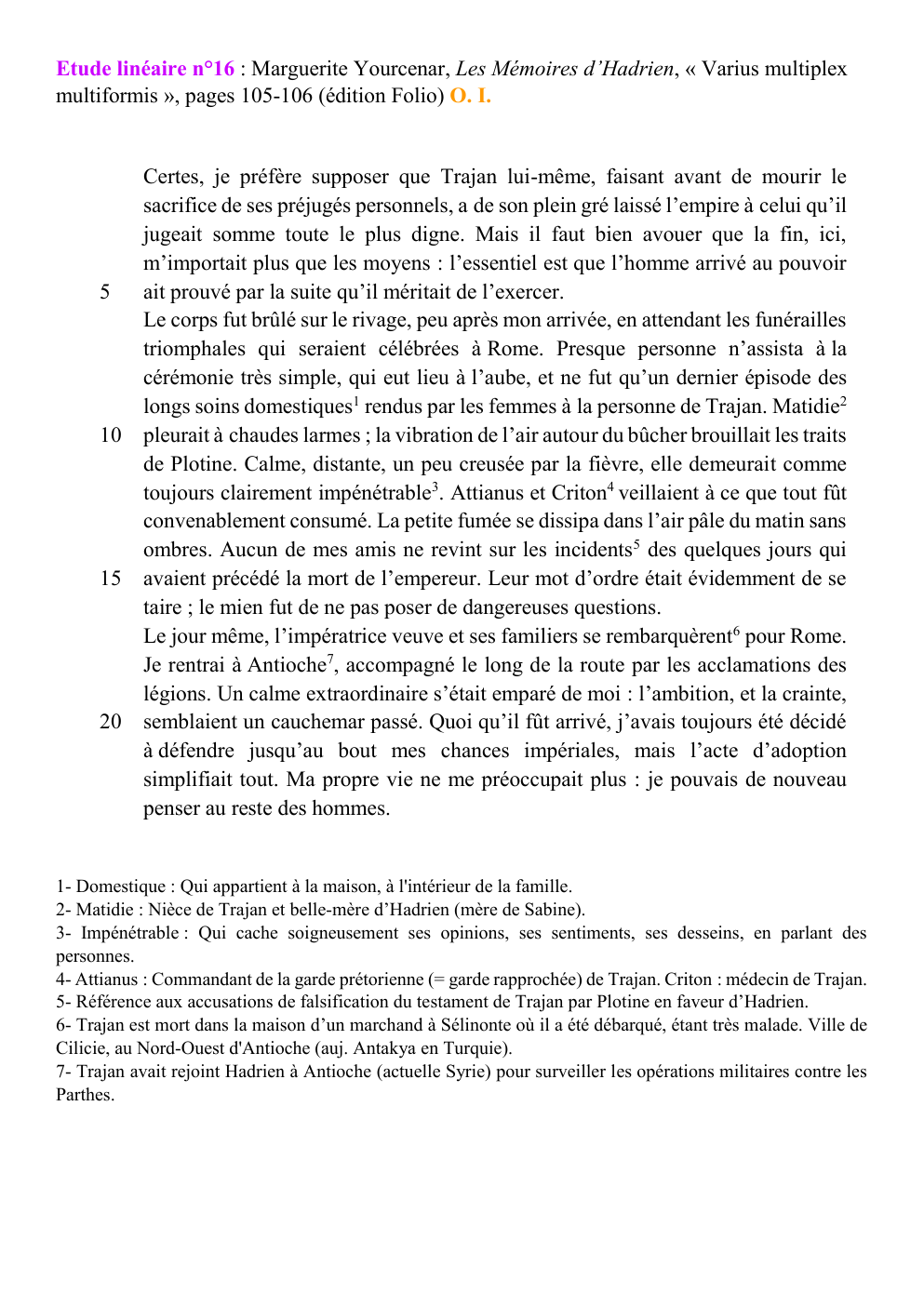 Prévisualisation du document Etude linéaire n°16 : Marguerite Yourcenar, Les Mémoires d’Hadrien, « Varius multiplex multiformis », pages 105-106 (édition Folio) O. I.