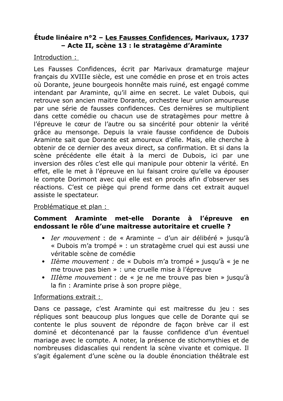 Prévisualisation du document Étude linéaire n°2 – Les Fausses Confidences, Marivaux, 1737 – Acte II, scène 13 : le stratagème d’Araminte