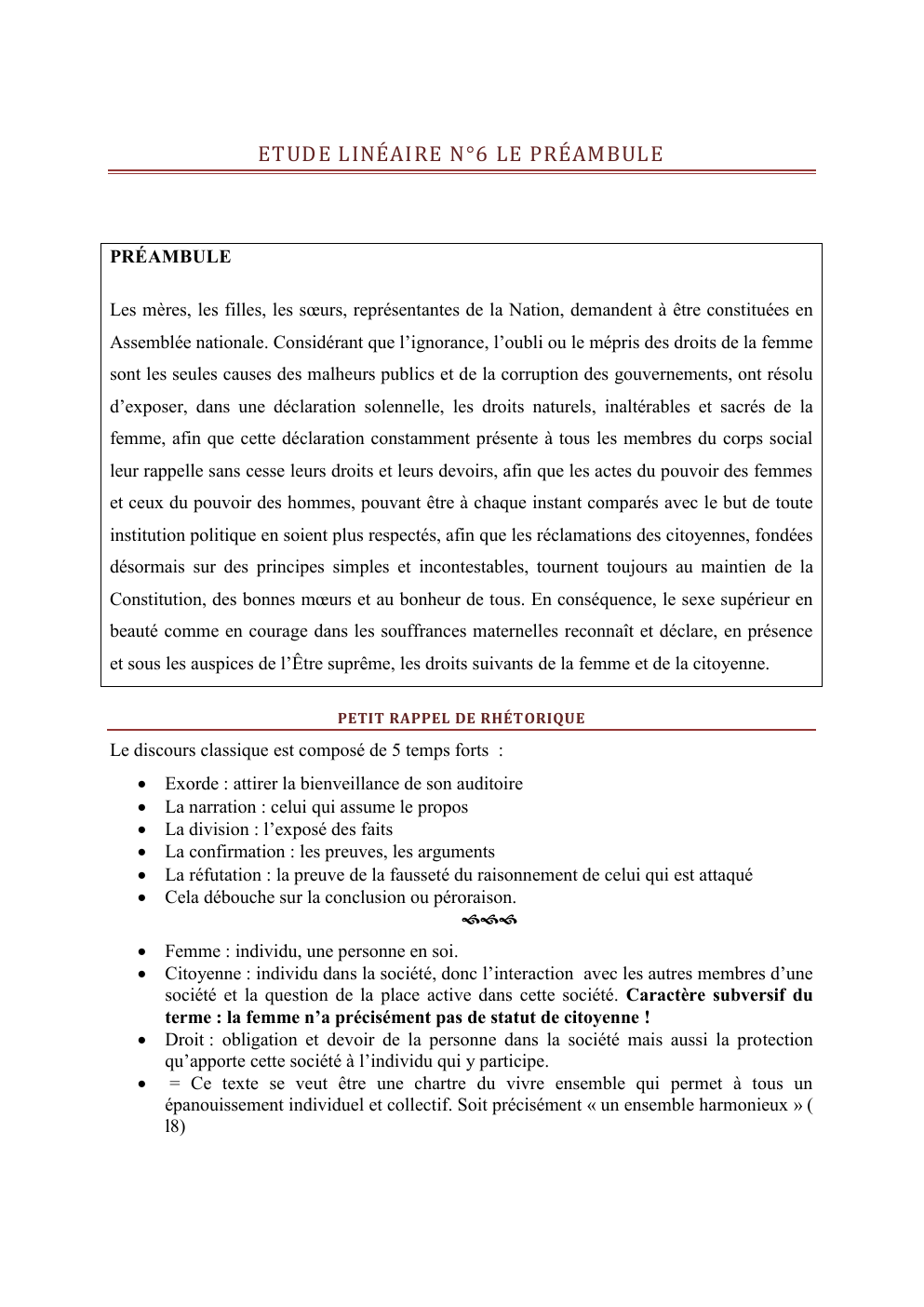 Prévisualisation du document ETUDE LINÉAIRE N°6 LE PRÉAMBULE Olympe de Gouges