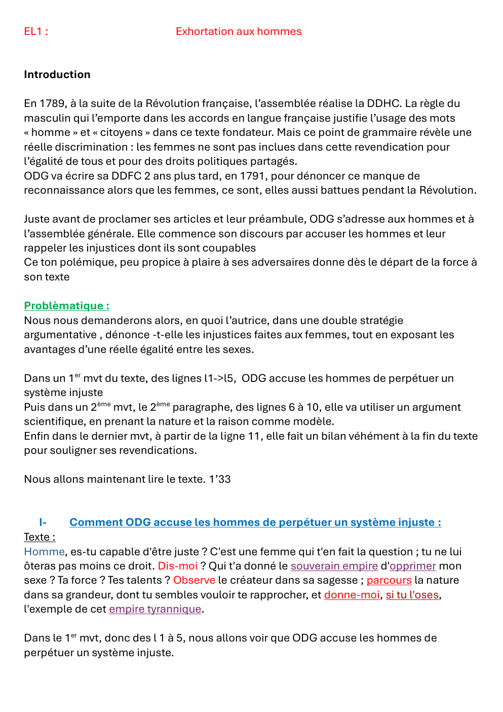 Prévisualisation du document étude linéaire olympe de gouges EL1 :  Exhortation aux hommes