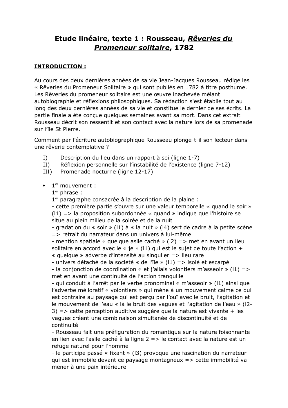 Prévisualisation du document Etude linéaire, texte 1 : Rousseau, Rêveries du Promeneur solitaire, 1782
