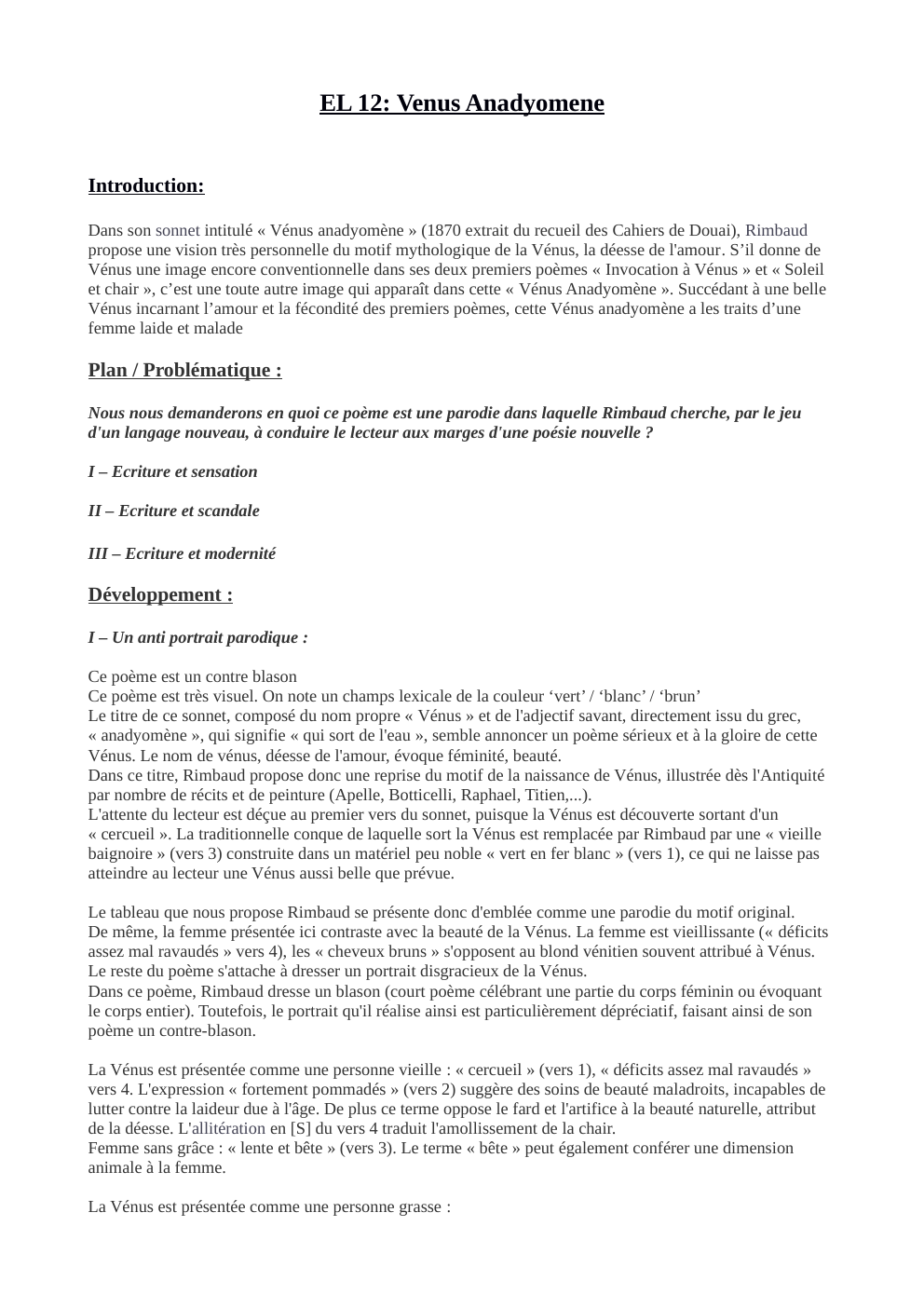 Prévisualisation du document etude lineaire "Vénus Anadyomène" de Rimbaud
