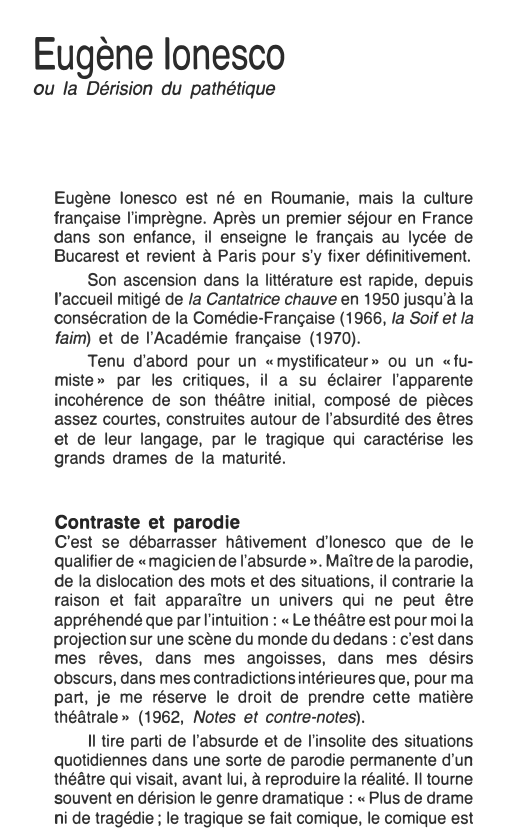 Prévisualisation du document Eugène Ionesco
ou la Dérision du pathétique