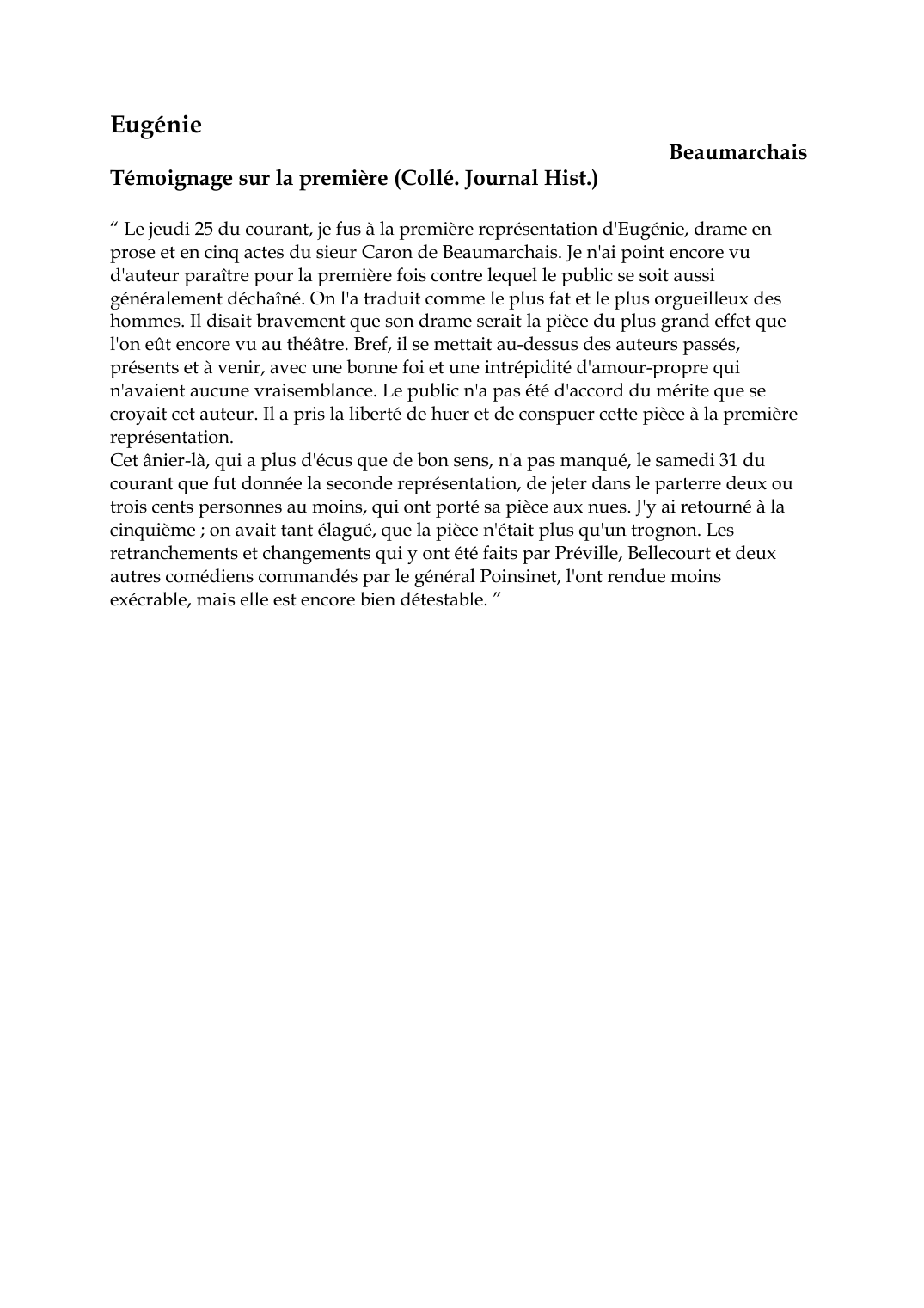Prévisualisation du document EugénieBeaumarchaisTémoignage sur la première (Collé.