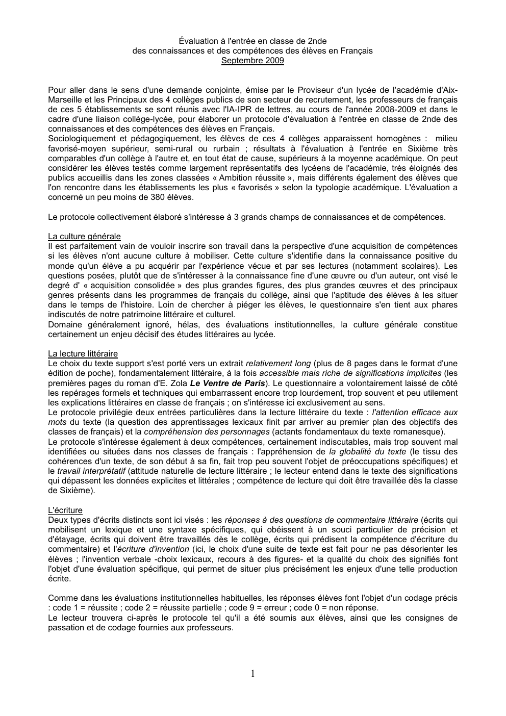 Prévisualisation du document Évaluation à l'entrée en classe de 2nde des connaissances et des compétences des élèves en Français Septembre 2009