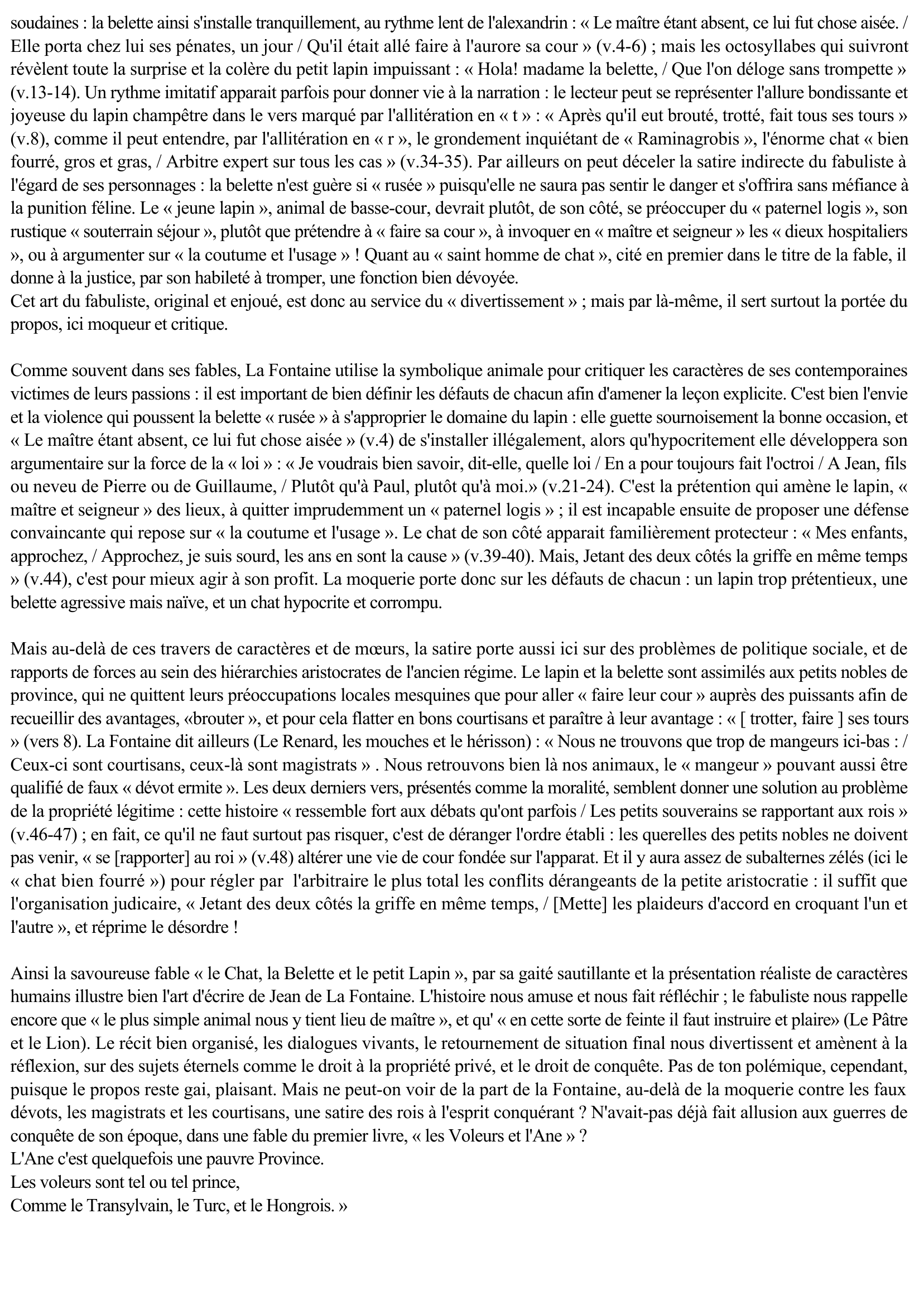 Prévisualisation du document Exemple de commentaire littéraire de la fable de Jean de la Fontaine :
le Chat la Belette et le petit Lapin