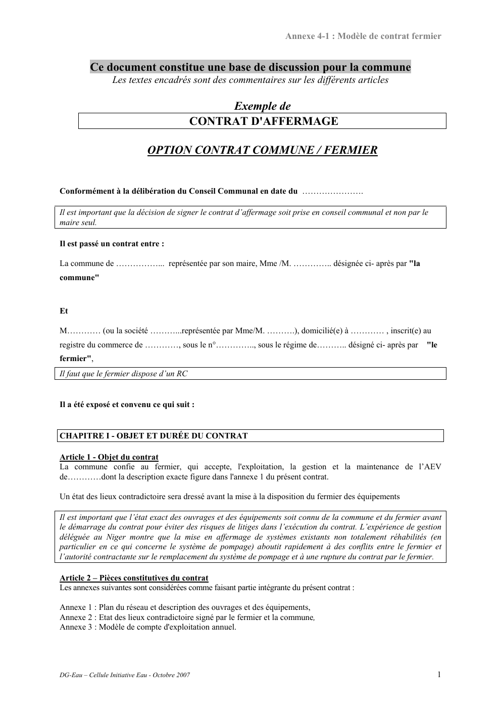Prévisualisation du document exemple de contrat Annexe 4-1 : Modèle de contrat fermier