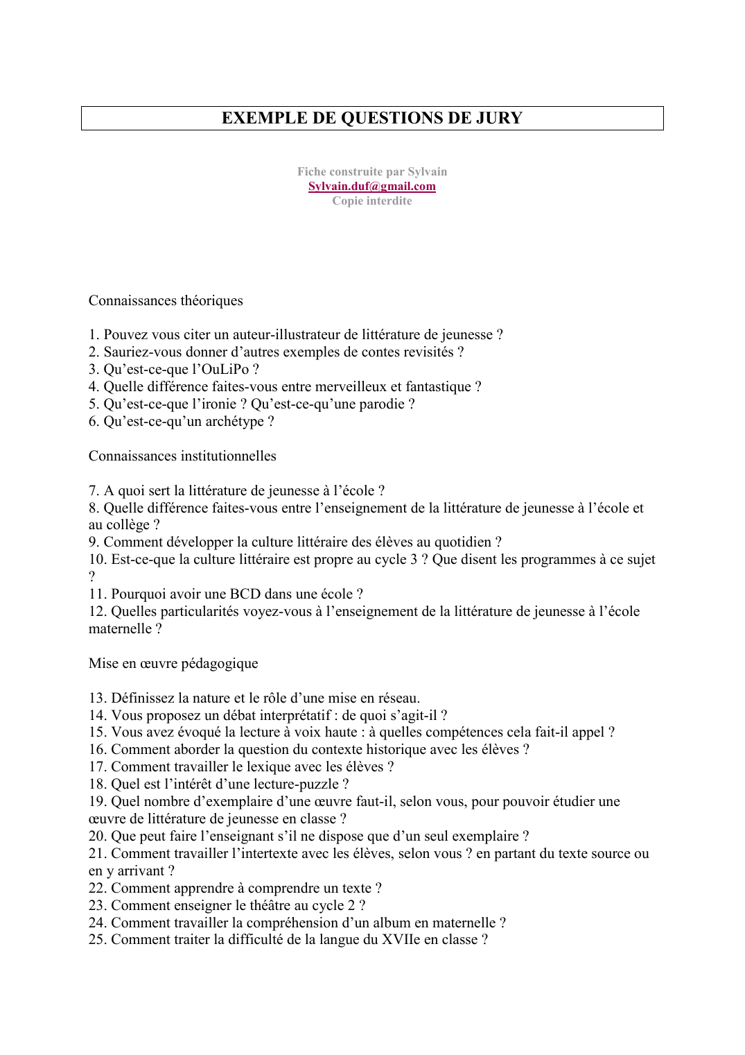 Prévisualisation du document EXEMPLE DE QUESTIONS DE JURYFiche construite par SylvainSylvain.