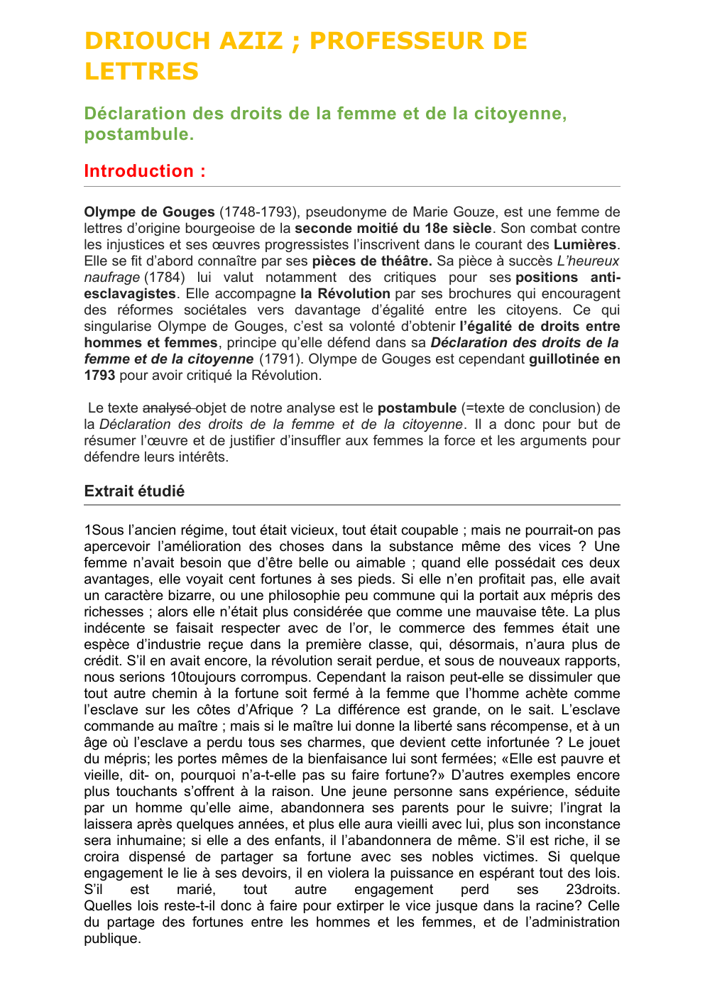 Prévisualisation du document exercice de commentaire Déclaration des droits de la femme et de la citoyenne, postambule.