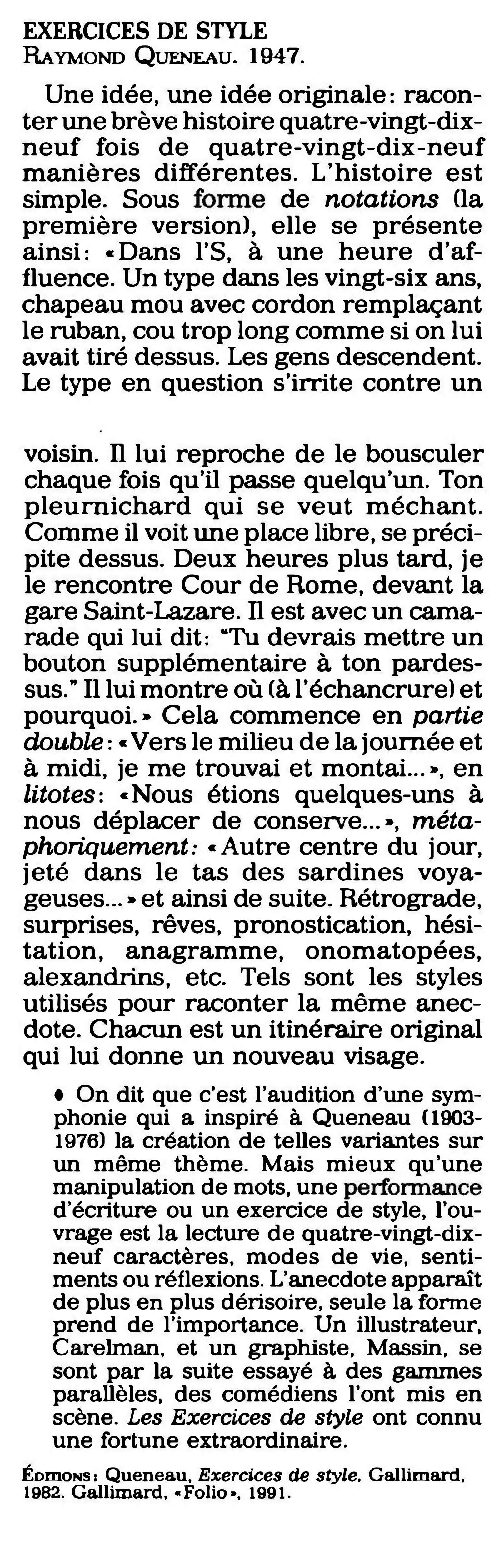 Prévisualisation du document Exercices de style [Raymond Queneau] - Fiche de lecture.