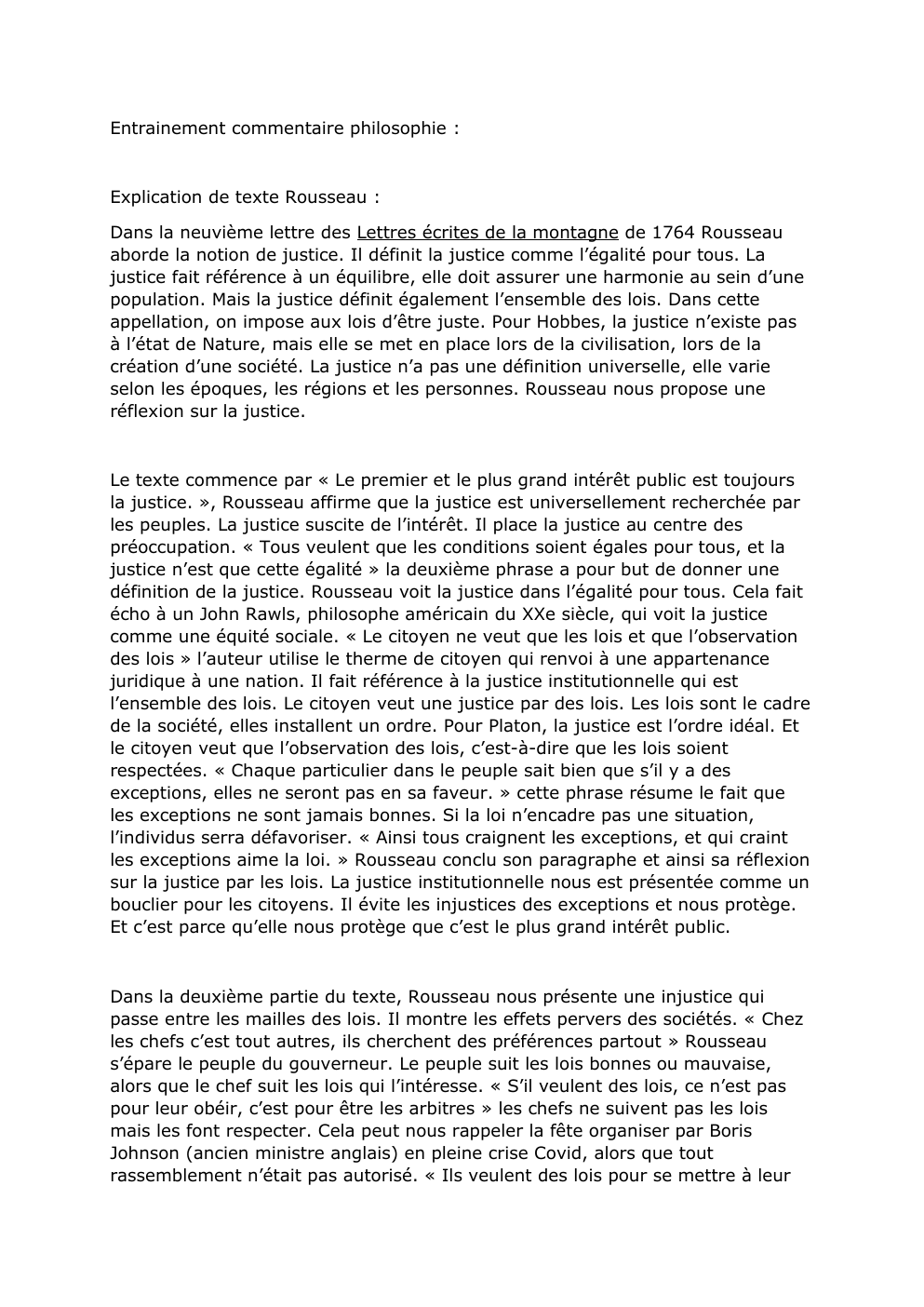 Prévisualisation du document Expliation de texte Rousseau -  Lettres écrites de la montagne: justice et égalité