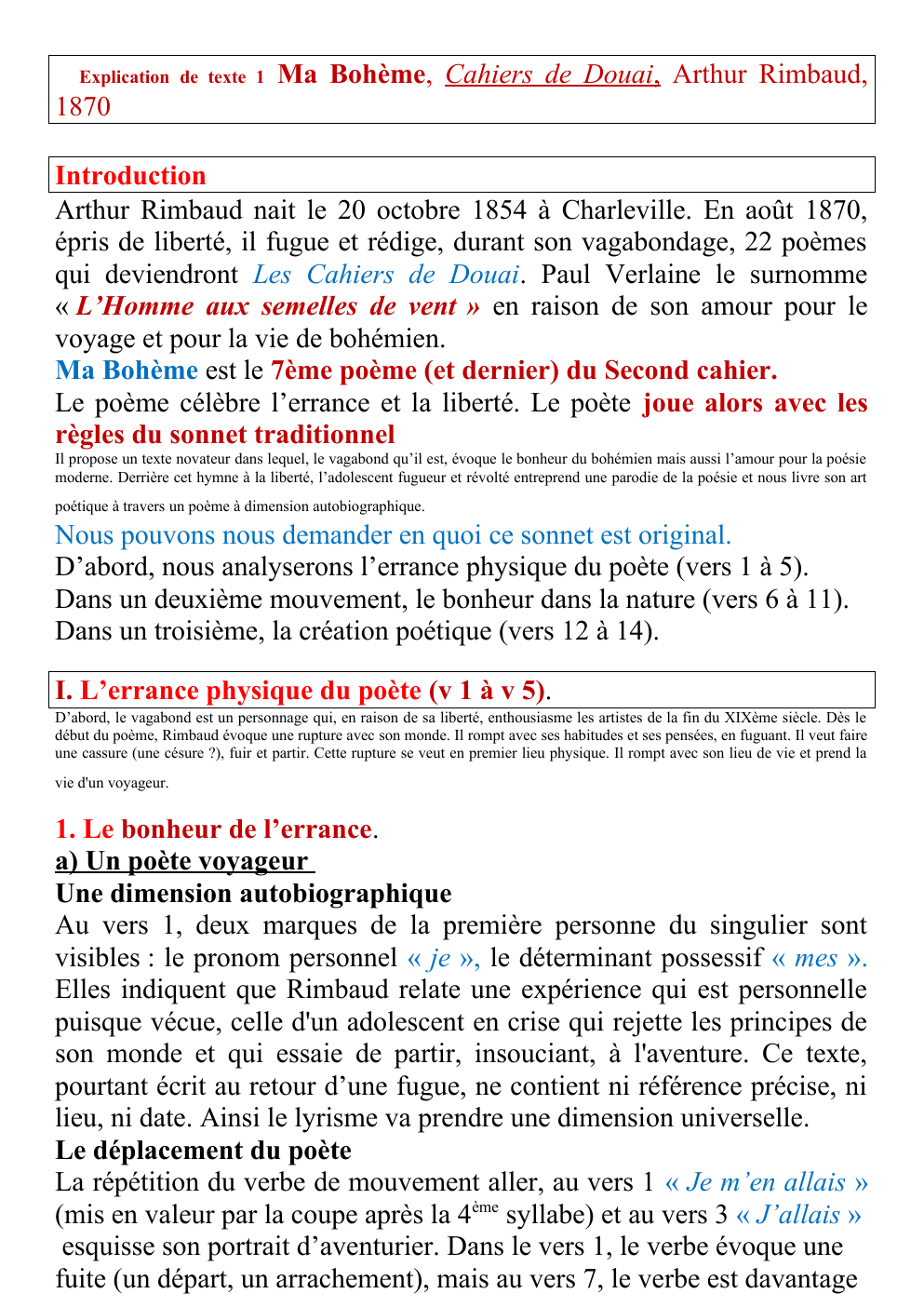 Prévisualisation du document Explication de texte 1  1870  Ma Bohème, Cahiers de Douai, Arthur Rimbaud