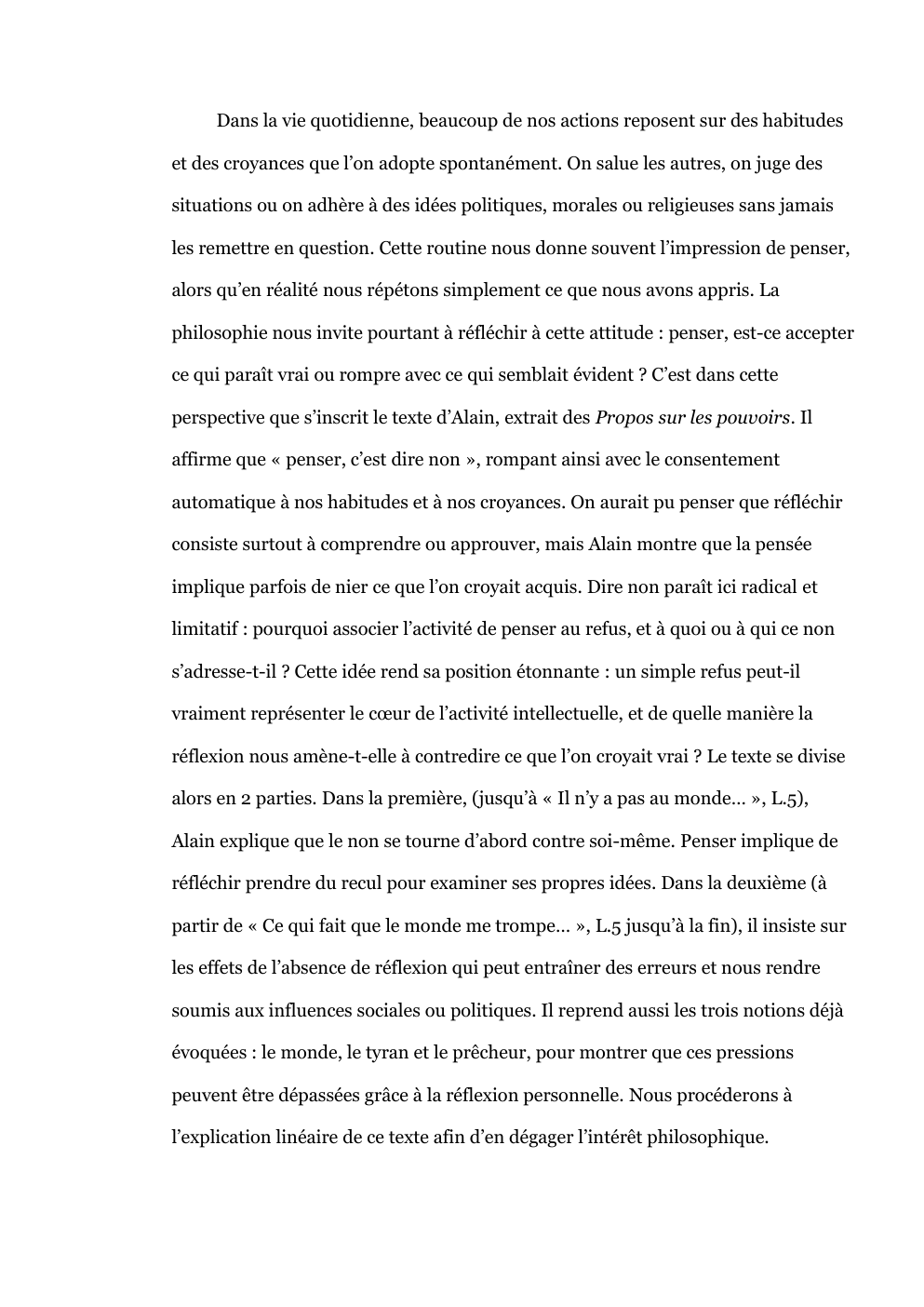 Prévisualisation du document Explication de texte Alain: penser c'est dire non