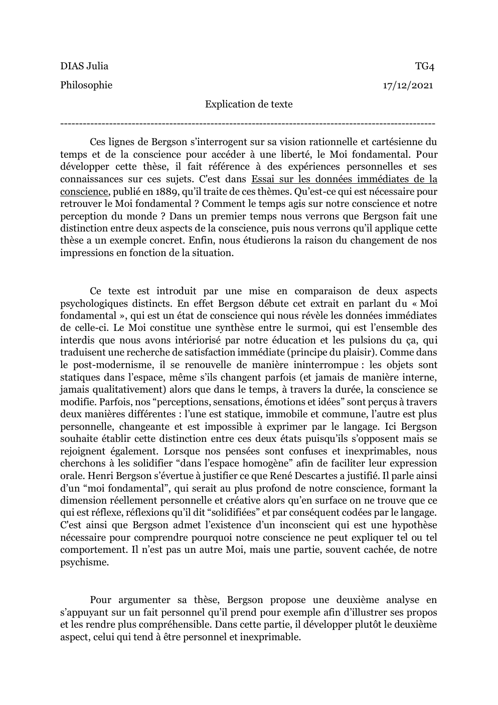 Prévisualisation du document Explication de texte : Bergson, Essai sur les données immédiates de la conscience