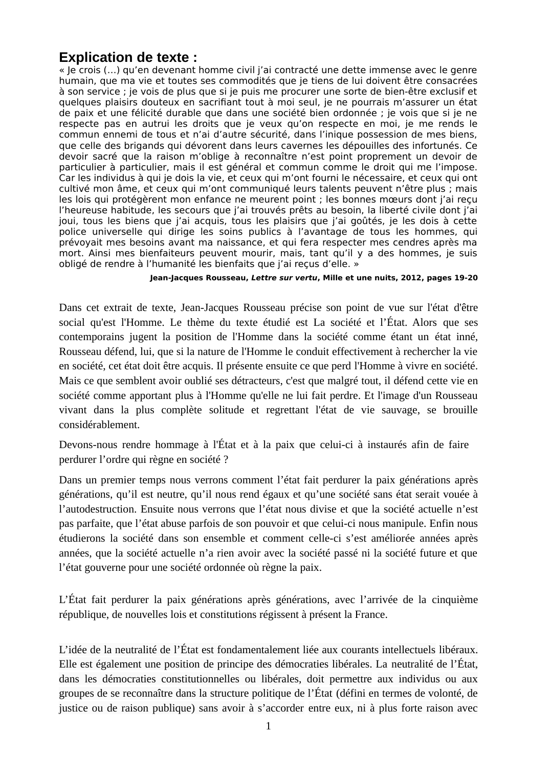 Prévisualisation du document Explication de texte de Jean-Jacques Rousseau, Lettre sur vertu, Mille et une nuits, 2012, pages 19-20