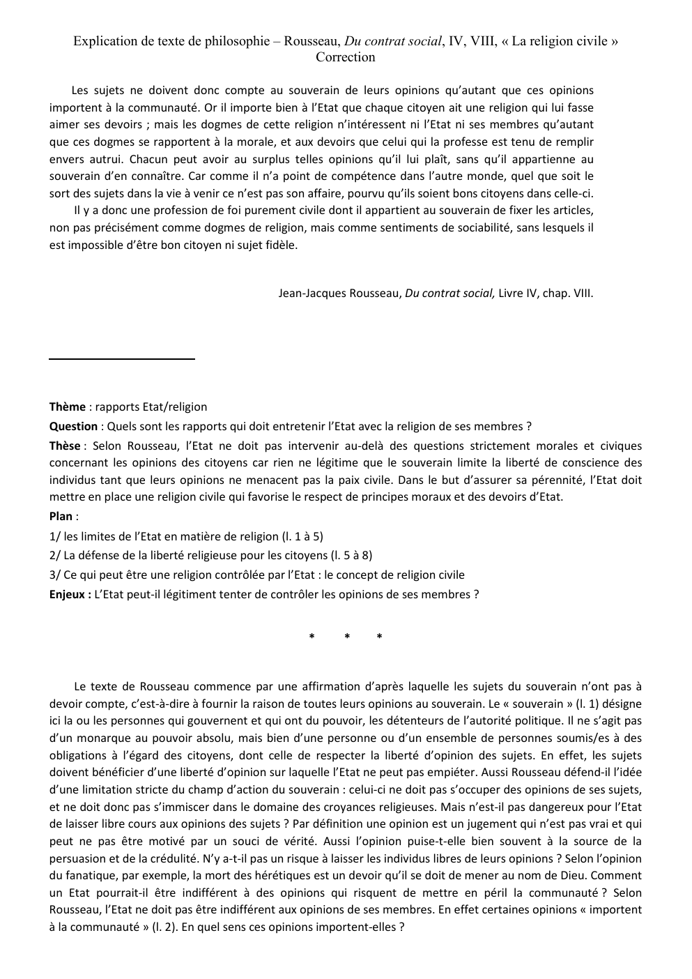 Prévisualisation du document Explication de texte de philosophie – Rousseau, Du contrat social, IV, VIII, « La religion civile »