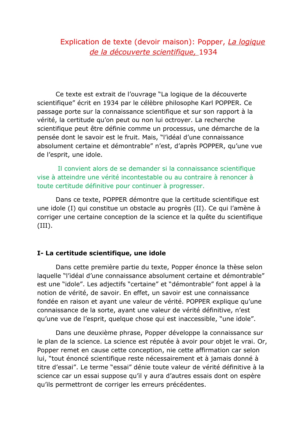 Prévisualisation du document Explication de texte (devoir maison): Popper, La logique de la découverte scientifique, 1934