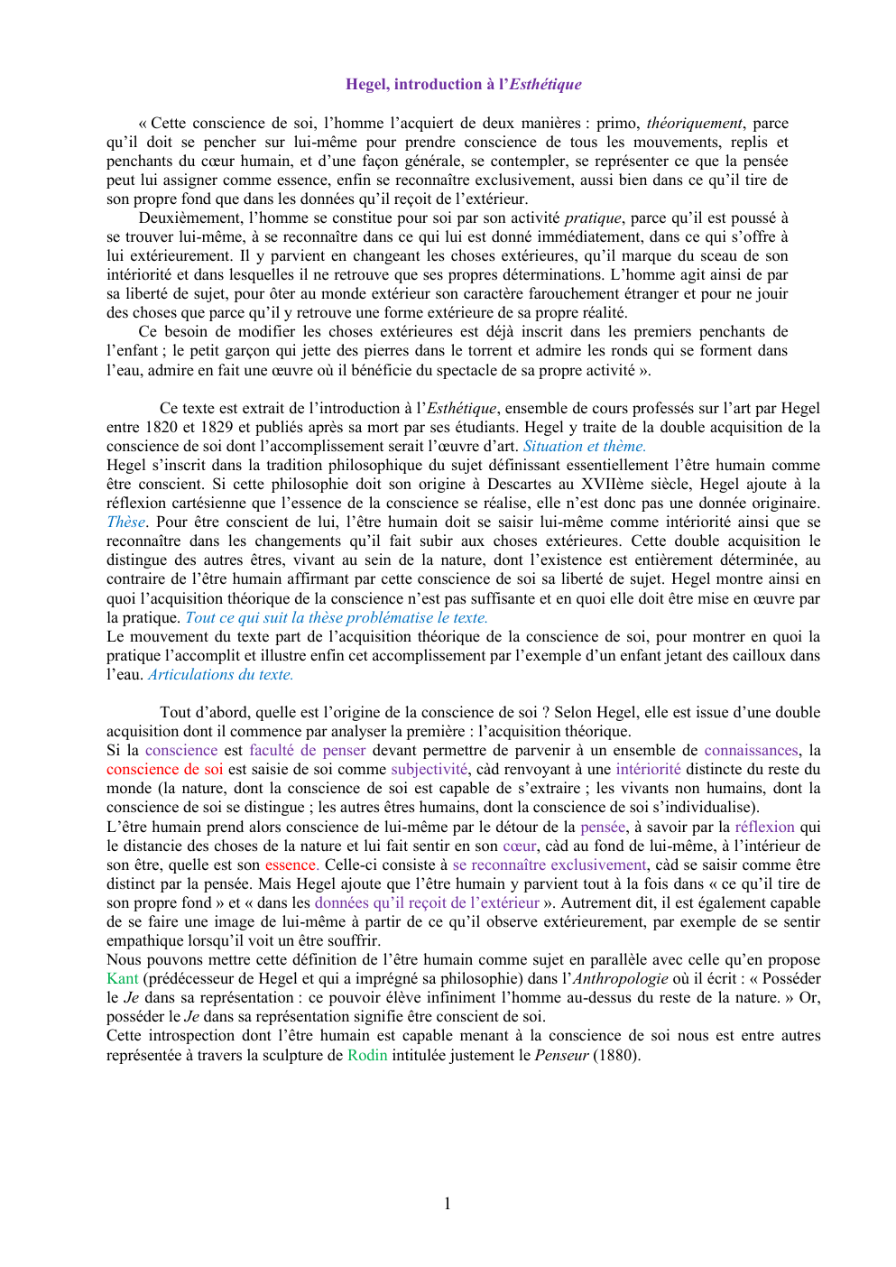 Prévisualisation du document explication de texte: Hegel, esthétique: Cette conscience de soi