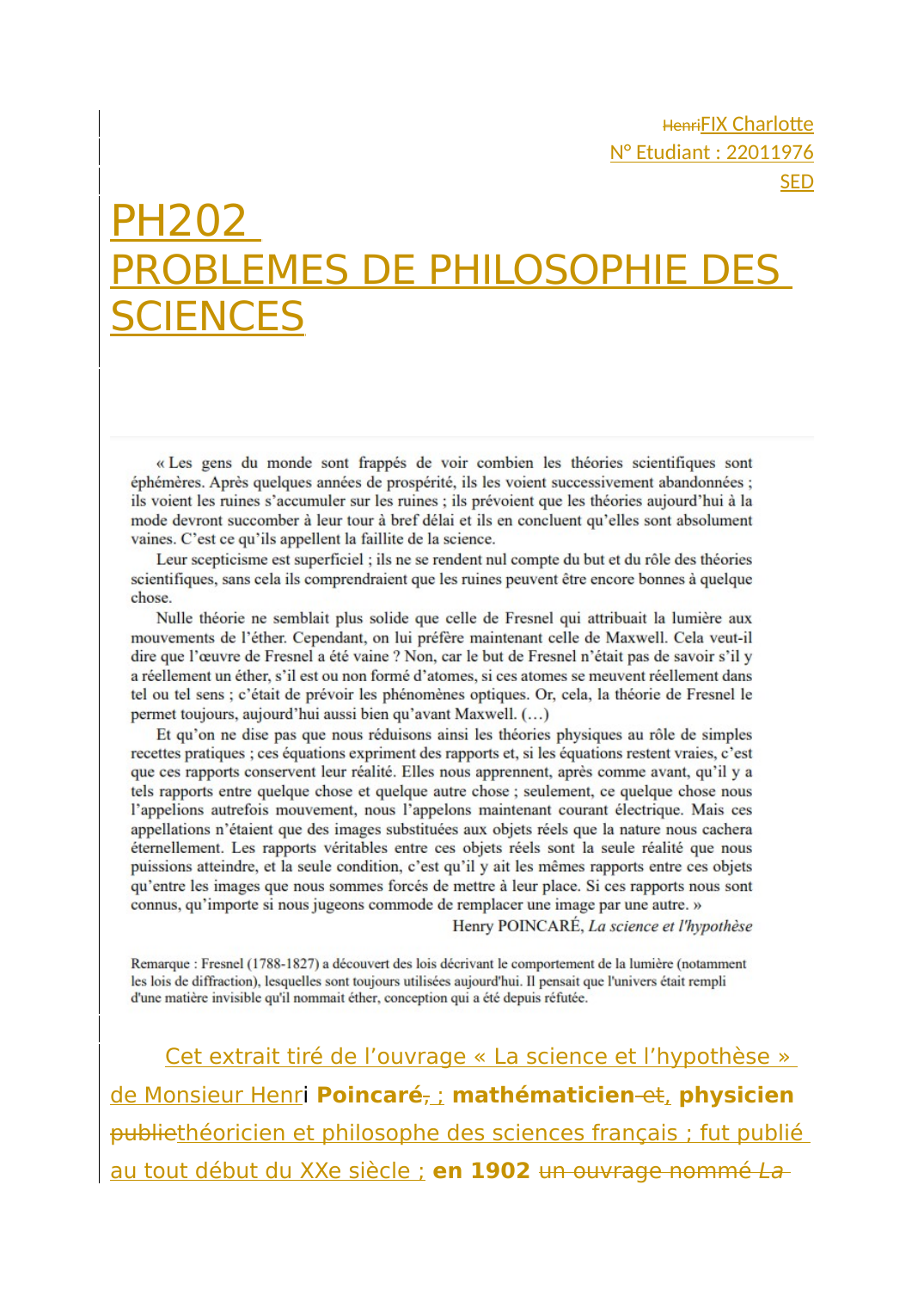 Prévisualisation du document Explication de texte Henri Poincaré, La science et l'hypothèse (philosophie des sciences)