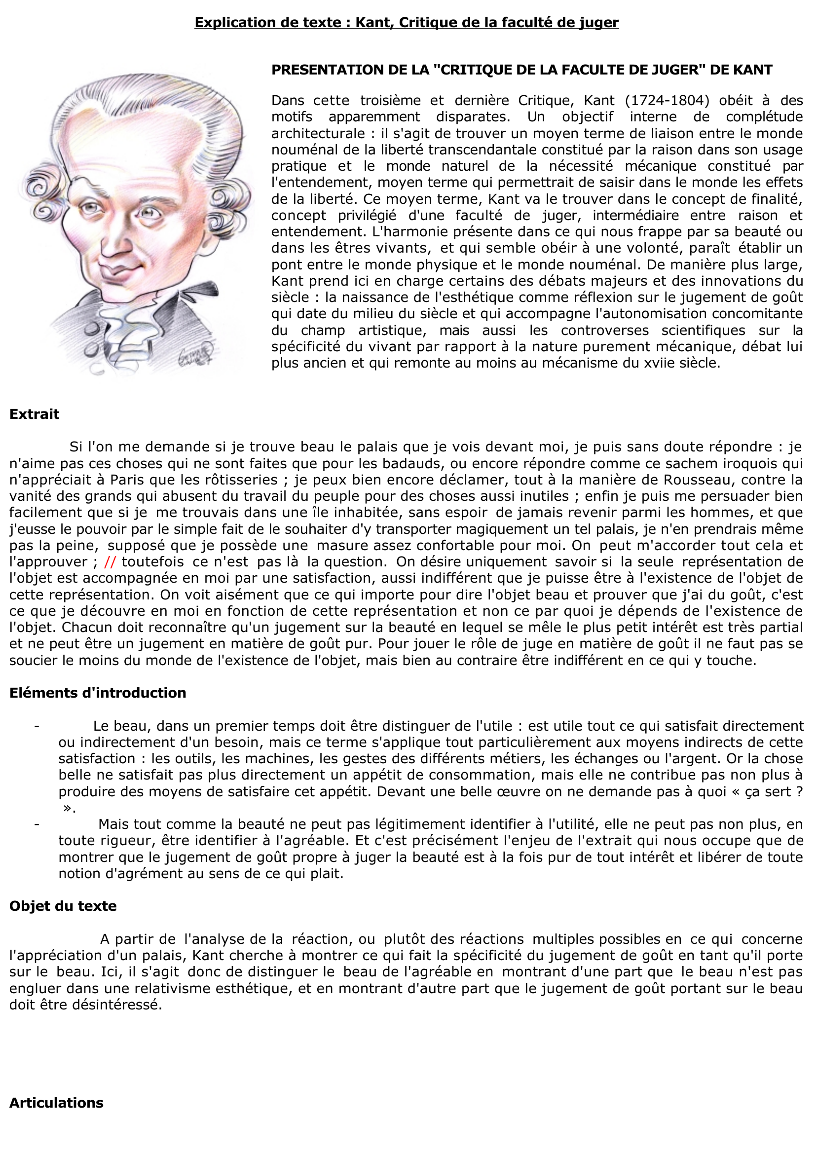 Prévisualisation du document Explication de texte : Kant, Critique de la faculté de juger