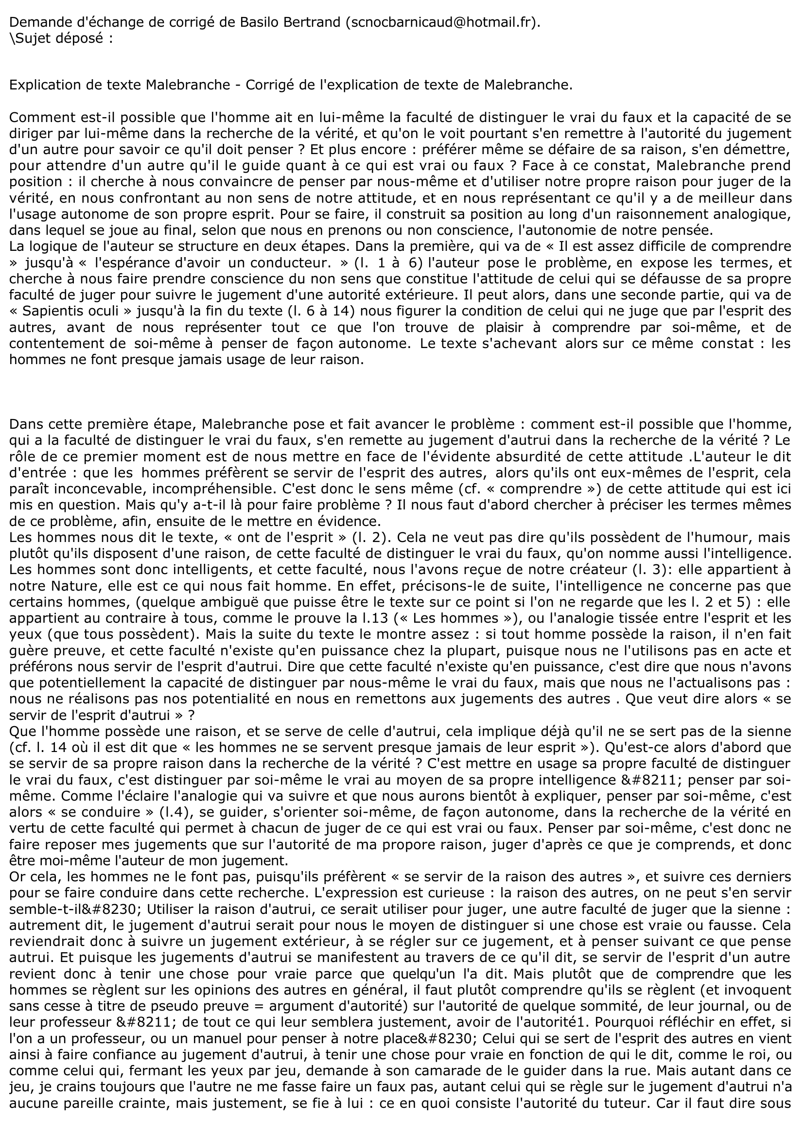 Prévisualisation du document Explication de texte Malebranche - Corrigé de l'explication de texte de Malebranche.