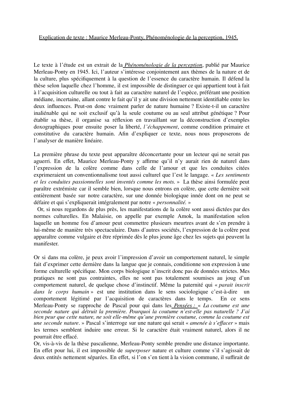 Prévisualisation du document Explication de texte : Maurice Merleau-Ponty, Phénoménologie de la perception, 1945.