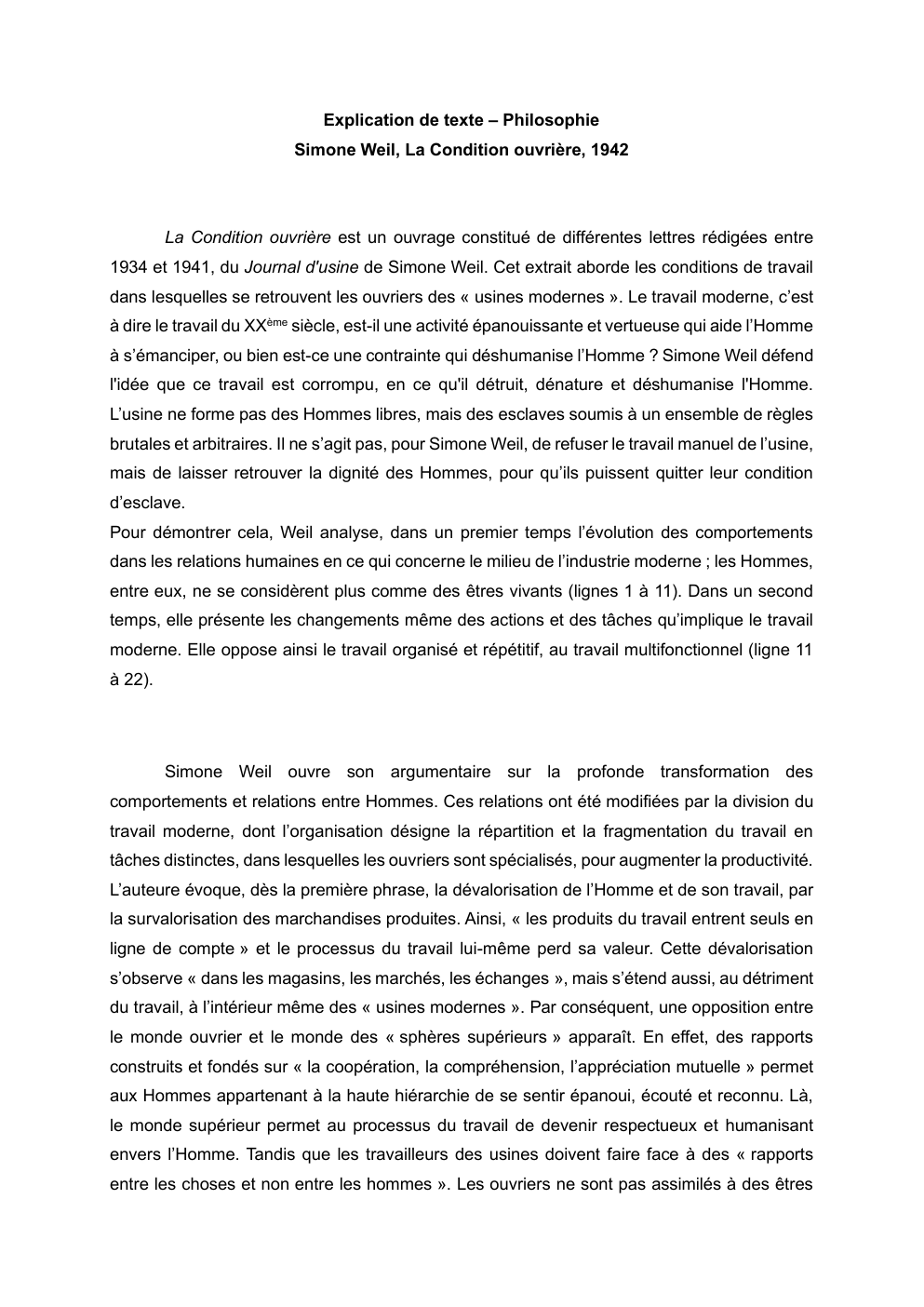 Prévisualisation du document Explication de texte – Philosophie : Simone Weil, La Condition ouvrière, 1942