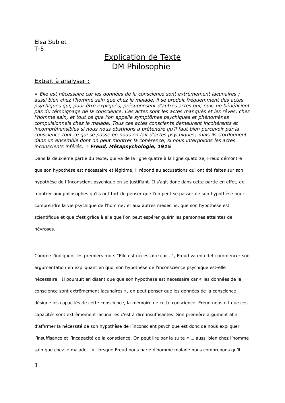 Prévisualisation du document Explication de texte philosophique: Freud, Métapsychologie, 1915